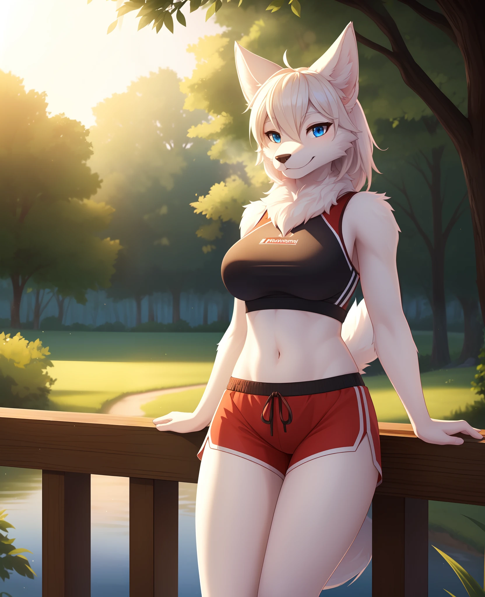 (best quality, highest quality, inticate, highres, 8k, anthropomorphic, furry, uploaded_on_e621:1.4), furry, white fur, tail, red elements on fur, normal breasts, beautiful view, sport shorts, close-up, summer, evening, beautiful lights and shadows, ambient light, ultra detailed fur, volumetric light