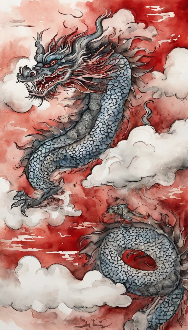detail Chinese dragon painting，a red dragon horvering in the clouds, ink and watercolor painting，water ink，ink，Smudge，Faraway view，Ultra-wide viewing angle，Meticulous，water ink，Smudge，Meticulous，Smudge，low-saturation，Low contrast，Beautifully depicted，A detailed，acurate，Works of masters，tmasterpiece