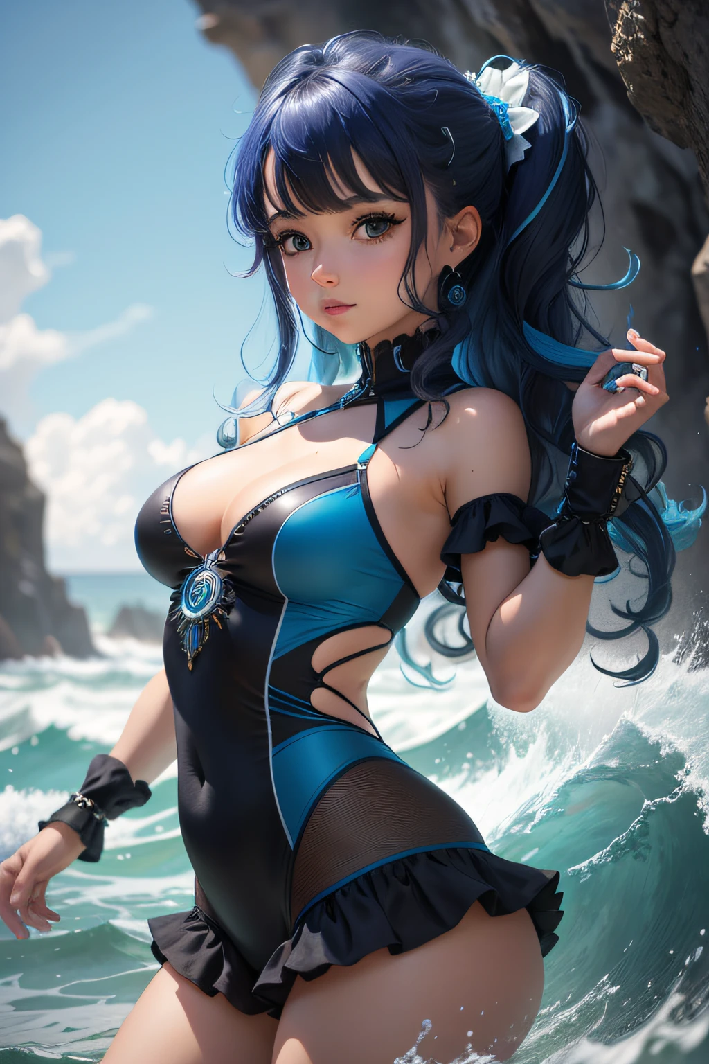 8k, 1girl, com pechos grandes color alto, splendid, (Arte fractal 1.8), Faneca, juventud, cabello azul, Aguas profundas bajo el mar, splendid, dynamic, Impacto visual, Manos en los bolsillos, (ondas en la lente 1.5)