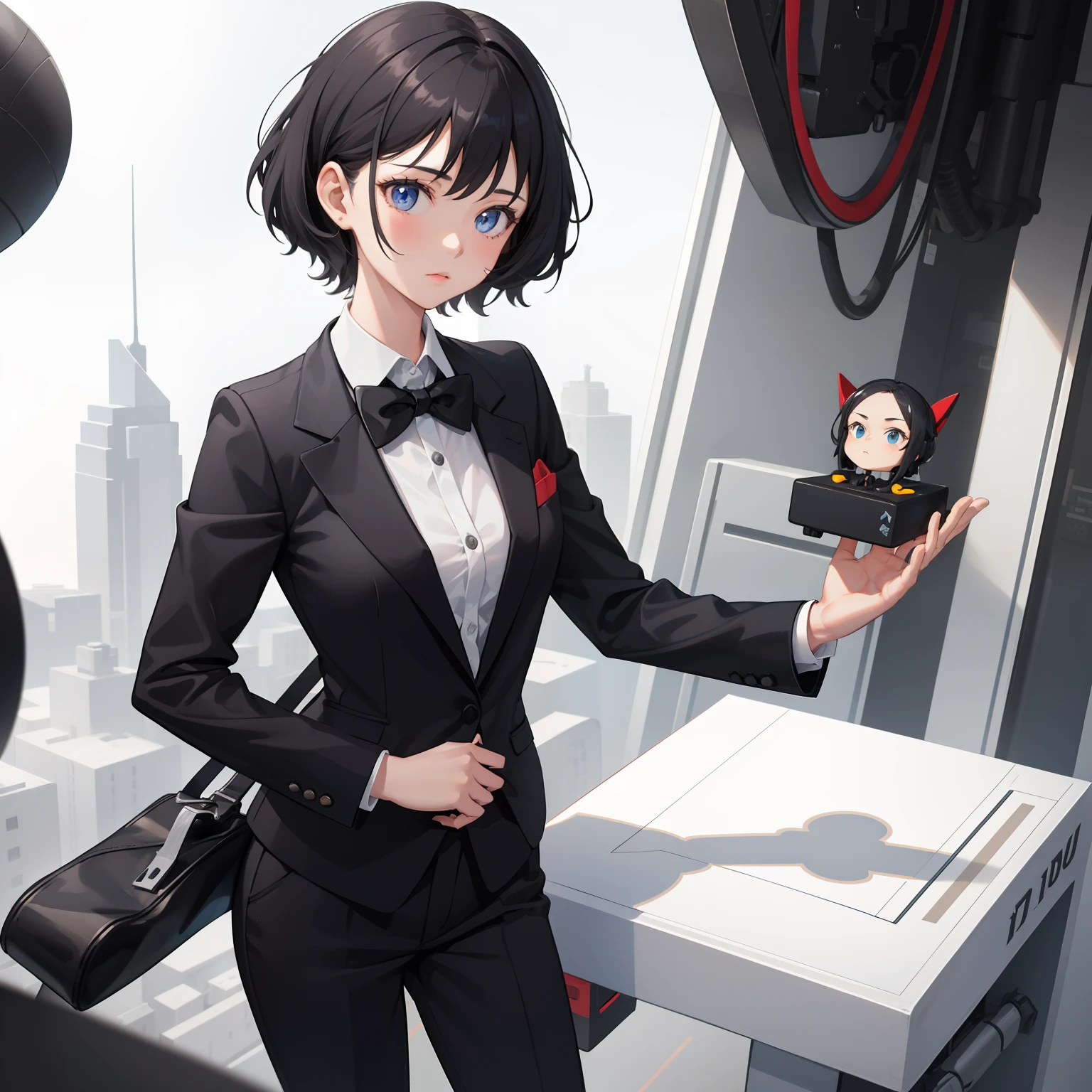 1girl,tuxedo, holding a mini-robot