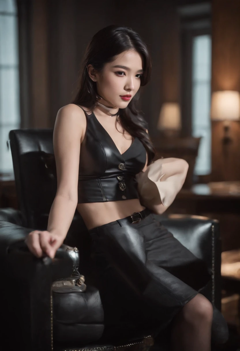 Wearing black leather gloves up to the fingertips and covering the upper body, black leather double rider jacket, slender necklace, a young and cute Japanese girl with beautiful black hair, sitting on a black leather chair facing the desk in the president's room at night, aligning both hands on the desk