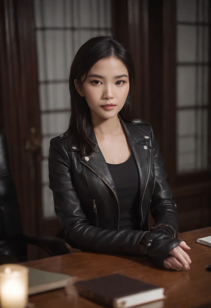 Wearing black leather gloves up to the fingertips and covering the upper body, black leather double rider jacket, slender necklace, a young and cute Japanese girl with beautiful black hair, sitting on a black leather chair facing the desk in the president's room at night, aligning both hands on the desk