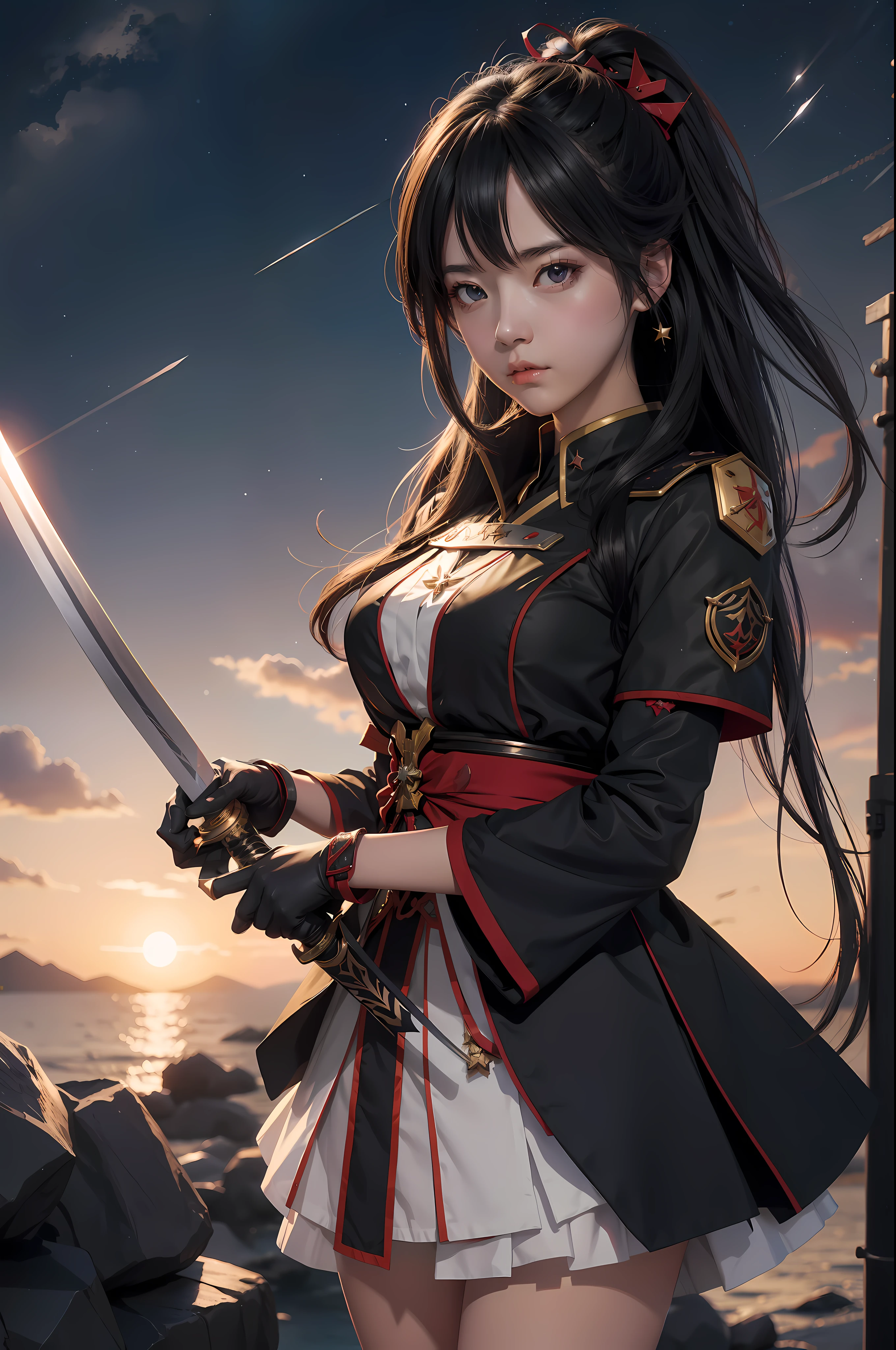 Anime girl holding a sword in front of the background of many stars, anime girl with a bow and arrow, black-haired mage, Ayaka Genshin impact, Best anime 4k konachan wallpaper, attractive matoi ryuko, Katana Zero video game character, Keqing from Genshin Impact, from girls frontline, Anime art wallpaper 8 K
