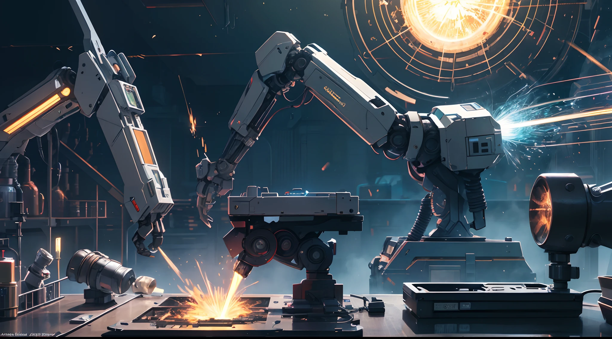 There are three robotic arms on the scientific mechanical workbench (background is or spark flying mechanical technology factory 1.5) (spark 1.8) masterpiece: 1.3) (futuristic technology 1.5) (science fiction 1.3) with unparalleled masterpiece, surreal 8K, perfect artwork, super detail, best quality, masterpiece 4K wallpaper aesthetics, masterpiece, award-winning artwork, official art