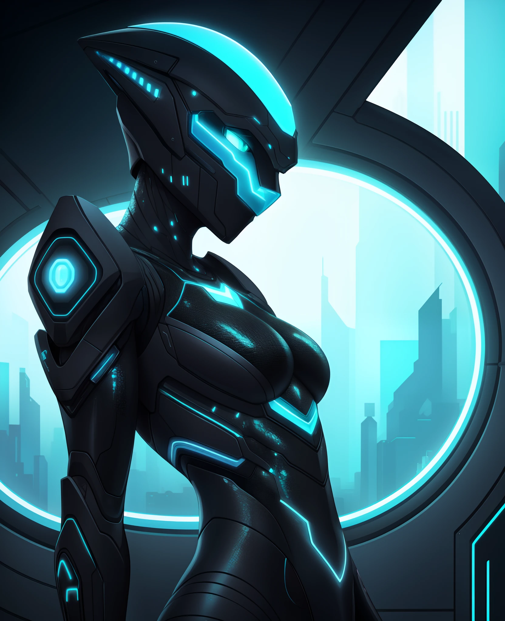 1girl, female, laboratory background, white walls, clean,, BREAK, (neon blue:1.4), BREAK, (black skin, textured skin, synthetic skin:1.6), shocked face, robot, negative_hand, (epic composition, best quality, 16k, 8k, ultra highres, absurdres, highres, digital drawing, professional artwork:1.2), detailed skin texture,