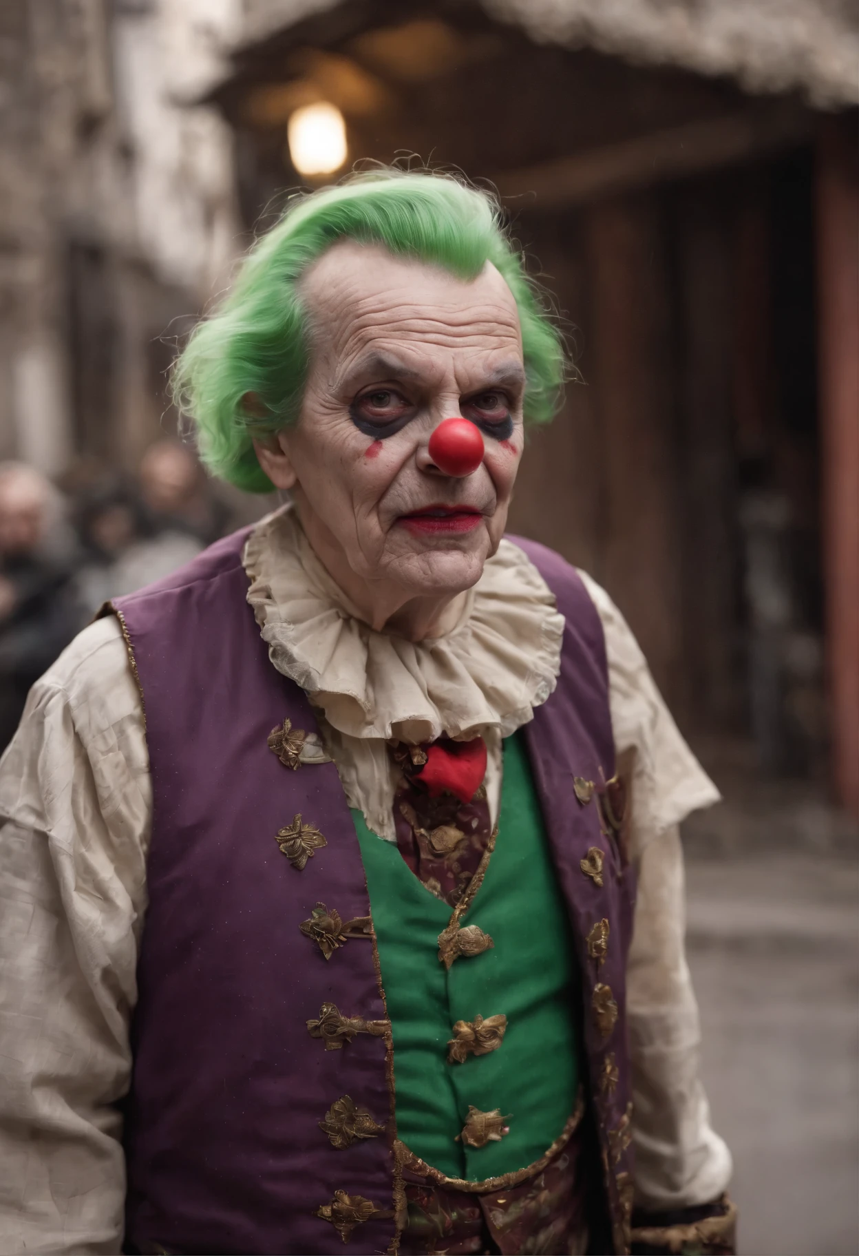 batman comics concept,80-year-old clown beggar with a fierce expression, guffaw,Fitness ,The expression is fierce,Dirty green hair ,Fierce expression,full bodyesbian,kung fu pose,Tattered purple coat,Like a bum,Wandering the streets,very dirty poor,ripped clothing