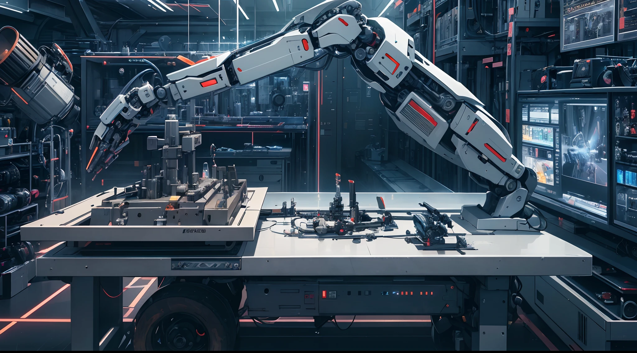 There are three robotic arms on the scientific mechanical workbench (background is or spark flying mechanical technology factory 1.5) (spark 1.8) masterpiece: 1.3) (futuristic technology 1.5) (science fiction 1.3) with unparalleled masterpiece, surreal 8K, perfect artwork, super detail, best quality, masterpiece 4K wallpaper aesthetics, masterpiece, award-winning artwork, official art