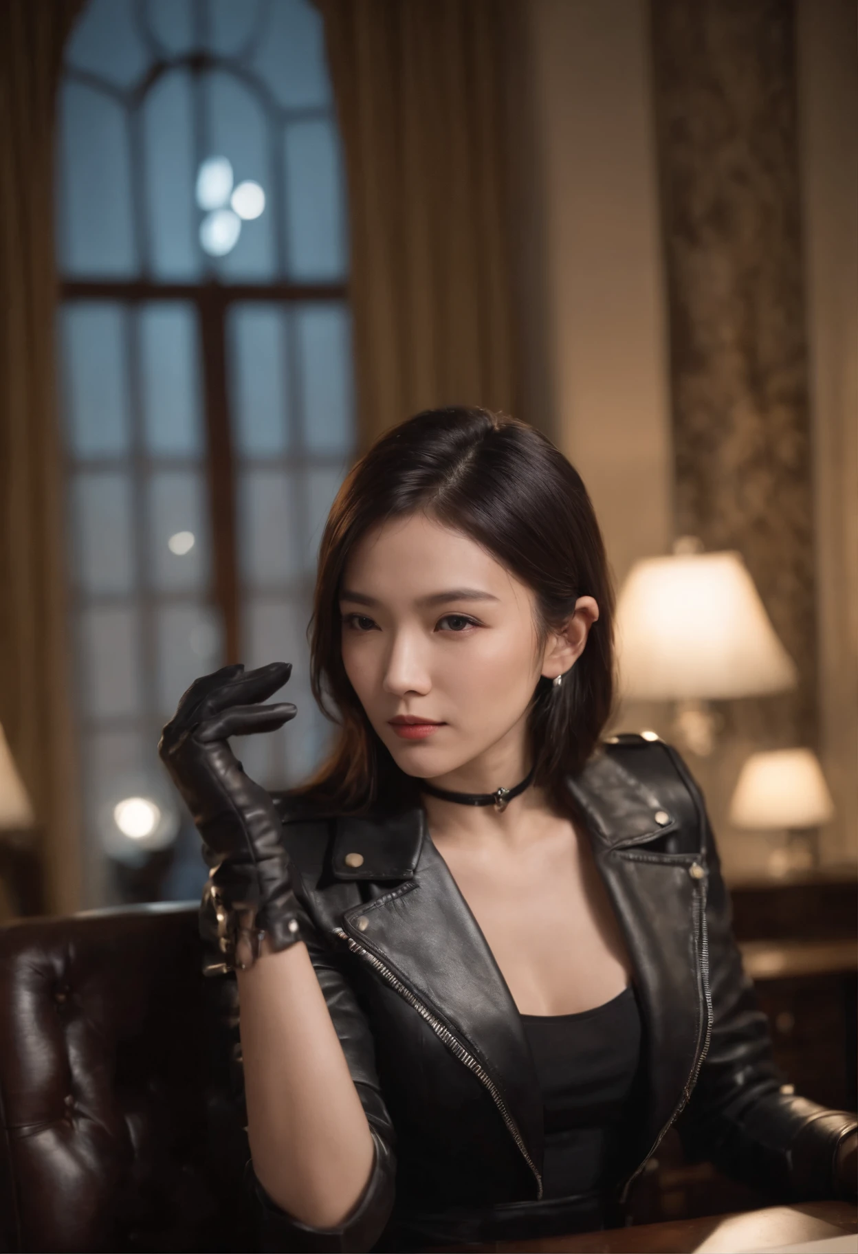 Wearing black leather gloves up to the fingertips and covering the upper body, black leather double rider jacket, slender necklace, a young and cute Japanese girl with beautiful black hair, sitting on a black leather chair facing the desk in the president's room at night, aligning both hands on the desk