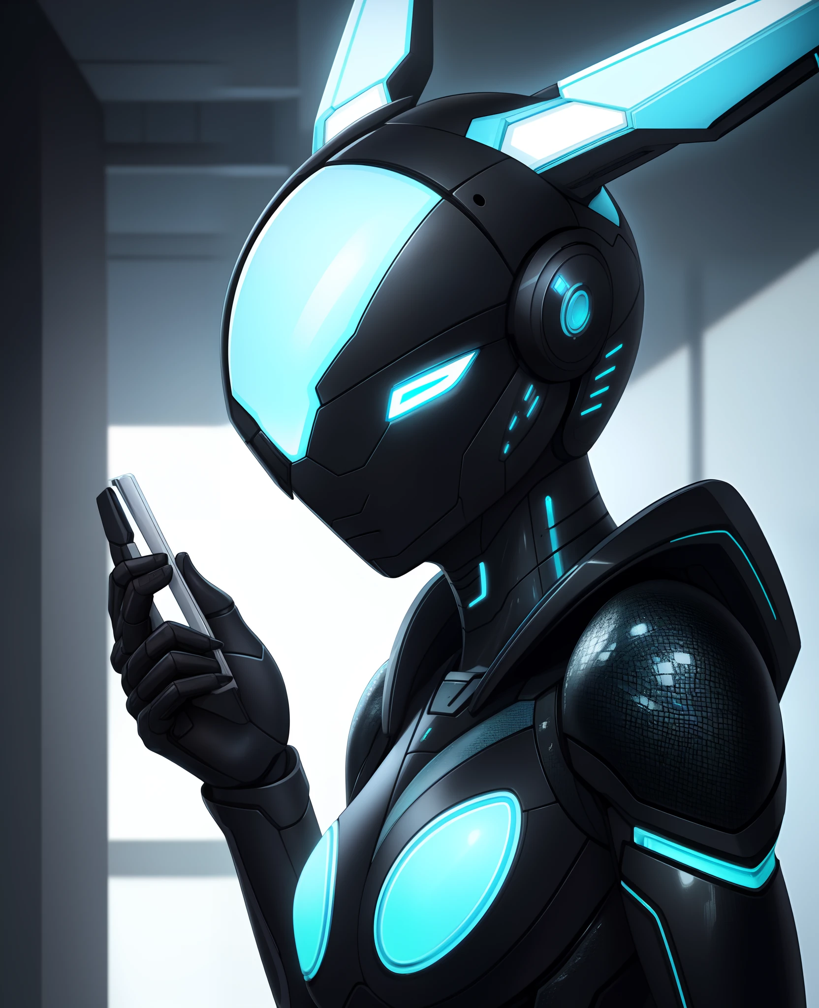 1girl, female, laboratory background, white walls, clean,, BREAK, (neon blue:1.4), BREAK, (black skin, textured skin, synthetic skin:1.6), shocked face, robot, negative_hand, (epic composition, best quality, 16k, 8k, ultra highres, absurdres, highres, digital drawing, professional artwork:1.2), detailed skin texture,, beautiful, seductive, attractive, sexy, provocative