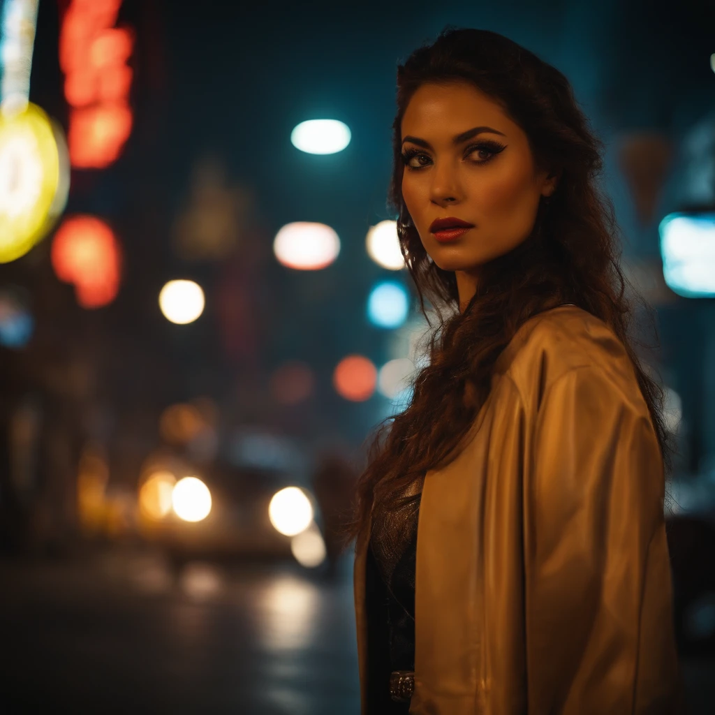 close-up, Beautiful French woman, tatteredclothing, Wild Longhair, tatteredclothing , cleaveage, Action movie scenes, Jantar Disstopico Cinematic Blade Runner, natta, bustling with neon signs, Blade Runner aesthetics, Crowded with people, cinematic photography, Trash Gang, Charming person, Focus on detail, Wearing meteorological technical equipment, Trash Gang, tattooed, nightlife, Vibrant, Trash Gang, Action movies shot by Gon Satoshi, Semi-Impasto Style, Dark ink, Atmospheric, 发光, dramatic lighting, beautidful eyes, symmetrical eye, perfect eyes