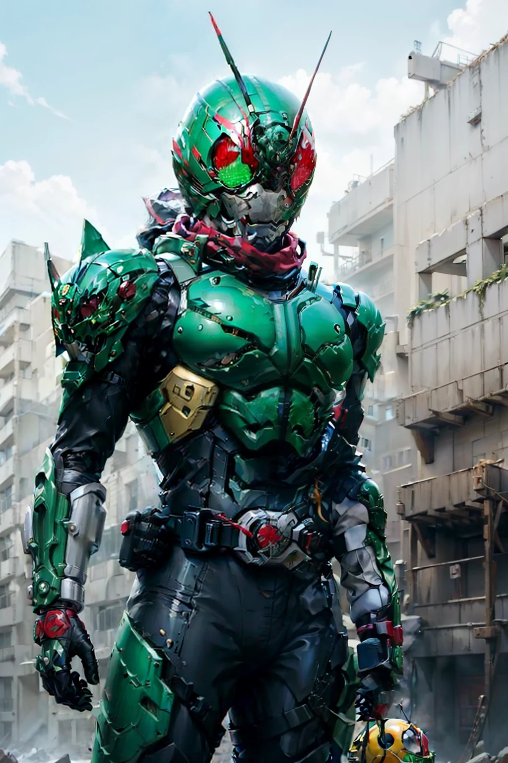 masutepiece, Highest Quality, Illustration, Green bodysuit, red scarf, Mask, helmets, tokusatsu, Belt bag, Dark green combat suit, Grasshopper mask, Solo, Full body, Came,