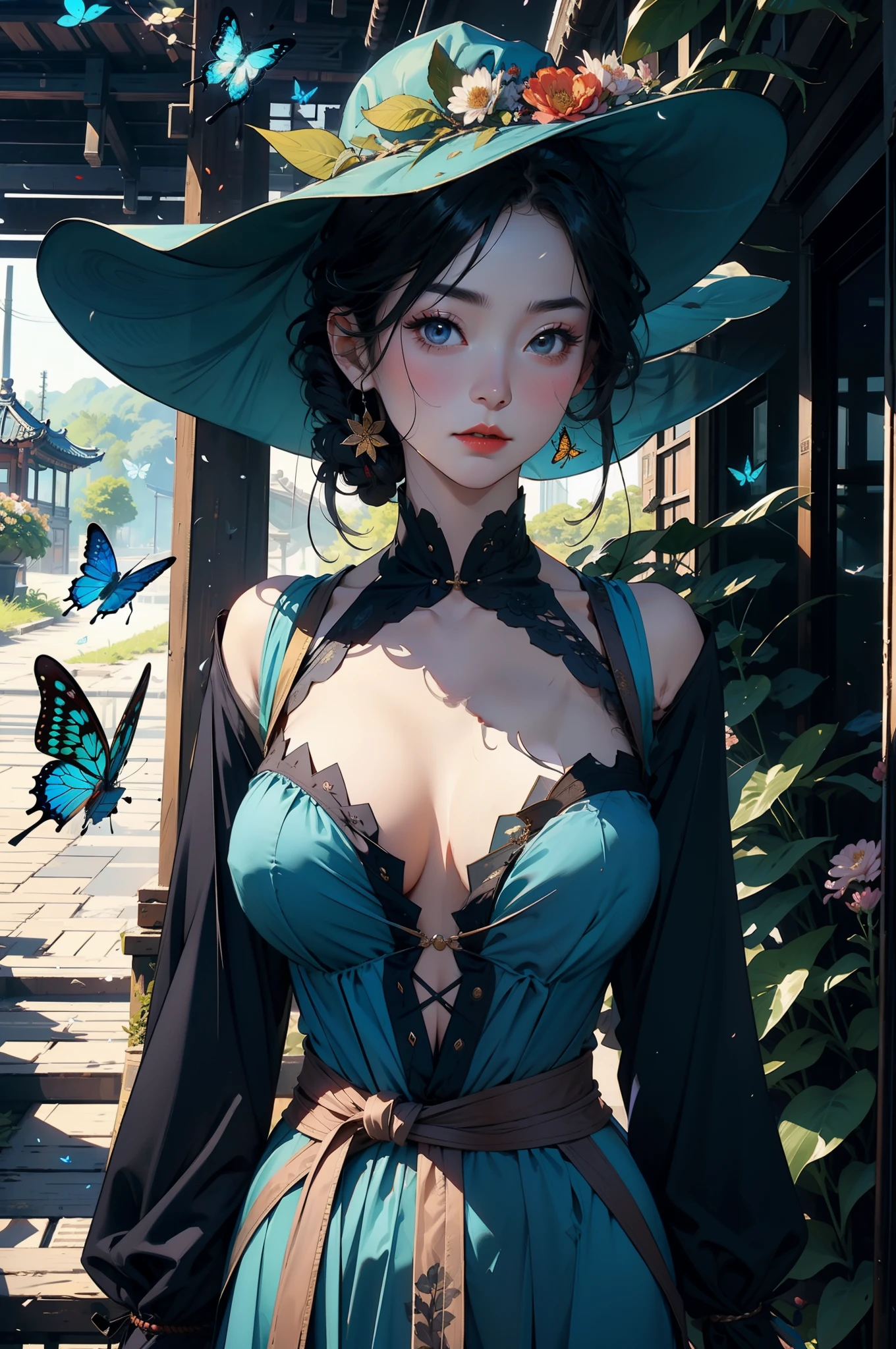 A woman,Leaf messenger,Period costumes,blue main tone,wise man,The expression lowered his head indifferently,Upper body portrait,Ultra-clear,Background words: flowers and butterflies,Bigchest,Big breasts Thin waist,long leges,比基尼