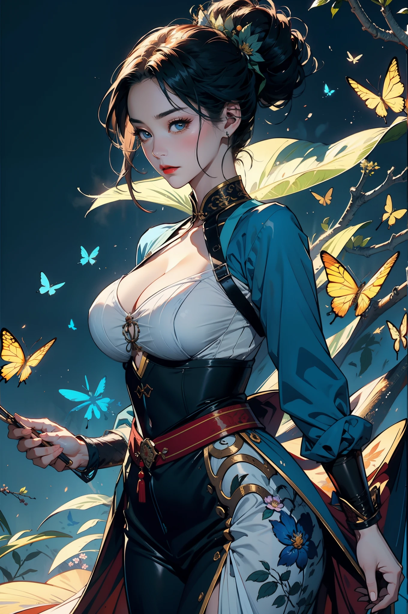 A woman,Leaf messenger,Period costumes,blue main tone,wise man,The expression lowered his head indifferently,Upper body portrait,Ultra-clear,Background words: flowers and butterflies,Bigchest,Big breasts Thin waist,long leges,比基尼