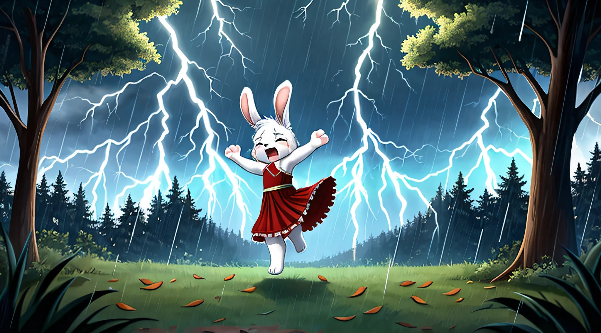 fantasy style art, cute, adorable, short character, small, tiny little fluffy female white bunny, white fur, eyes shut, 4 ears, 2 extra ears, big floppy ears, long ears, ears perked up, raised ears, long eyelashes, poofy rabbit tail, wearing a red frilly ribbon dress, dress blowing in the wind, shouting, alone, firmly planted feet, open mouth, in a thick forest, screaming at the sky, hands both clenched and raised in the air, tears, crying eyes, gloomy grey visuals, raining, lightning across the sky, thunderstorm, dark clouds, lightning, blowing leaves, leaves on the ground, falling trees, destroyed plants, digital illustration
