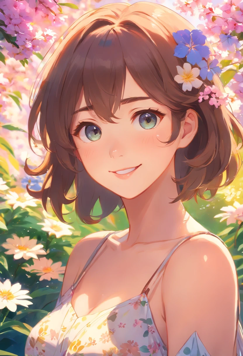 (best quality:1.4), (ultra-detailed:1.3), (illustration:1.2), solo, 1girl, disheveled hair, blush, smile, black hair, shiny blue eyes, gravure pose, flower field, flowers, underwear only, white bra, white panties, (sweat:0.9), (bare arms:0.9), focus on face, presenting, (nsfw:0.7)