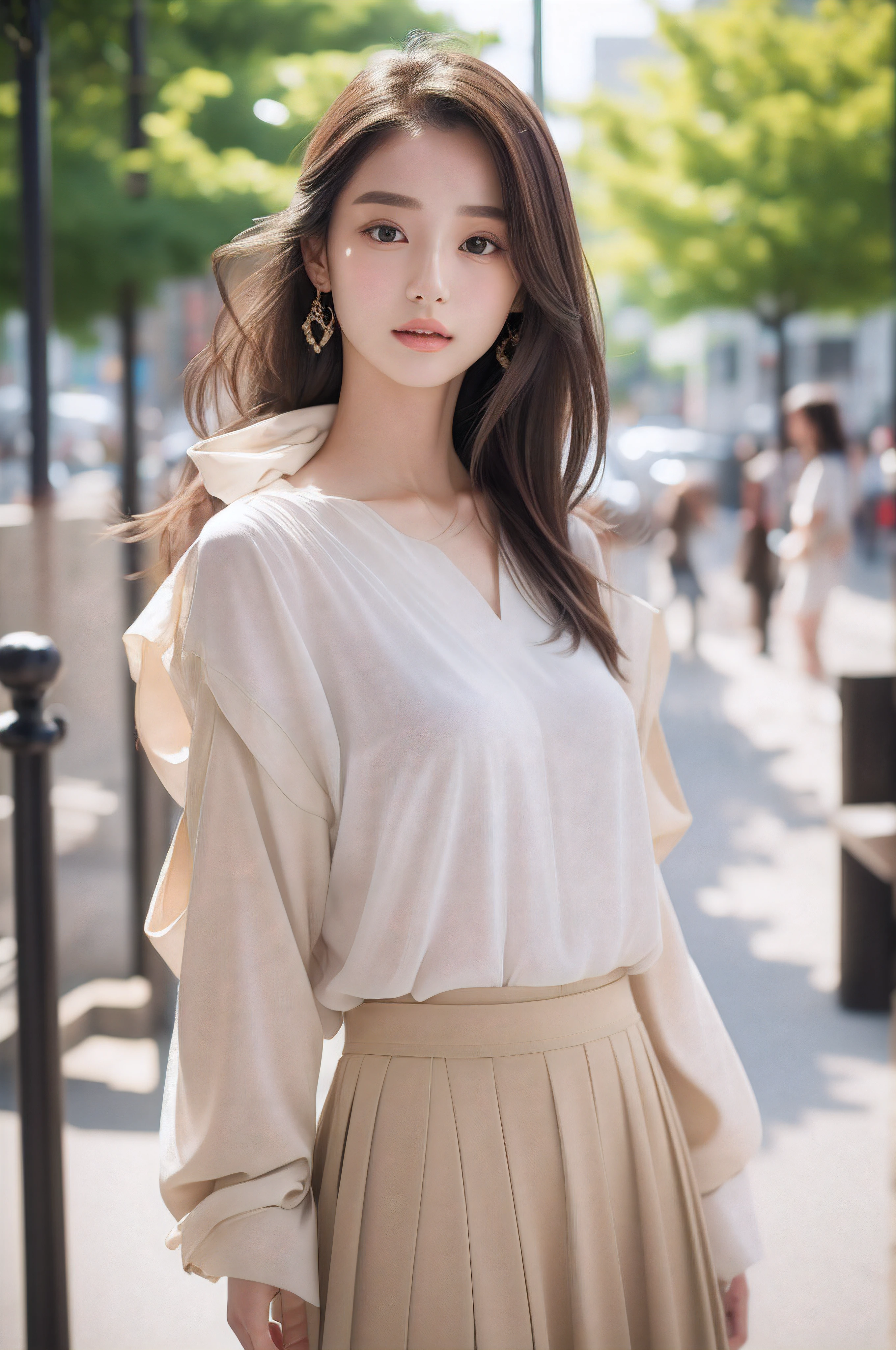 Wagas、 a picture、realisitic、Beautuful Women、Loose and light coat、blouse、flered skirt、A detailed face、Detailed lips、A detailed eye、luslous skin、One Person