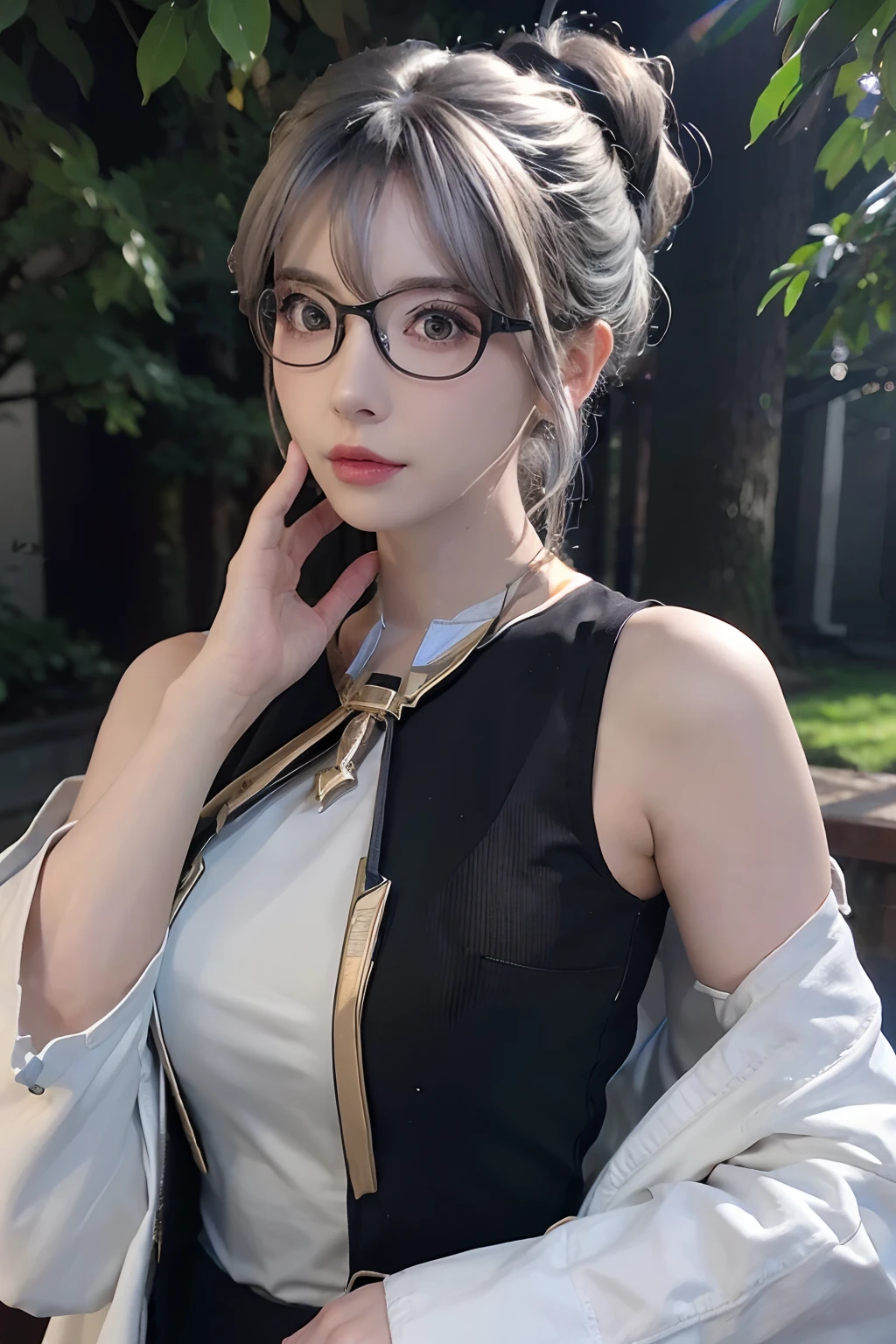 (masuter piece:1.3)、(8K、Photorealsitic、Raw photography、top-quality: 1.4)、(1girl in)、beautiful countenance、(Lifelike face)、(white  hair、Medium Hair:1.3)、Beautiful hairstyle、realisticeyes、Beautiful details、（real looking skin）、Beautiful skins、（Blouse）、absurderes、enticing、超A high resolution、A hyper-realistic、high-detail、the golden ratio、Bright sunlight、Short ponytail、(Women who look good in glasses:1.4)