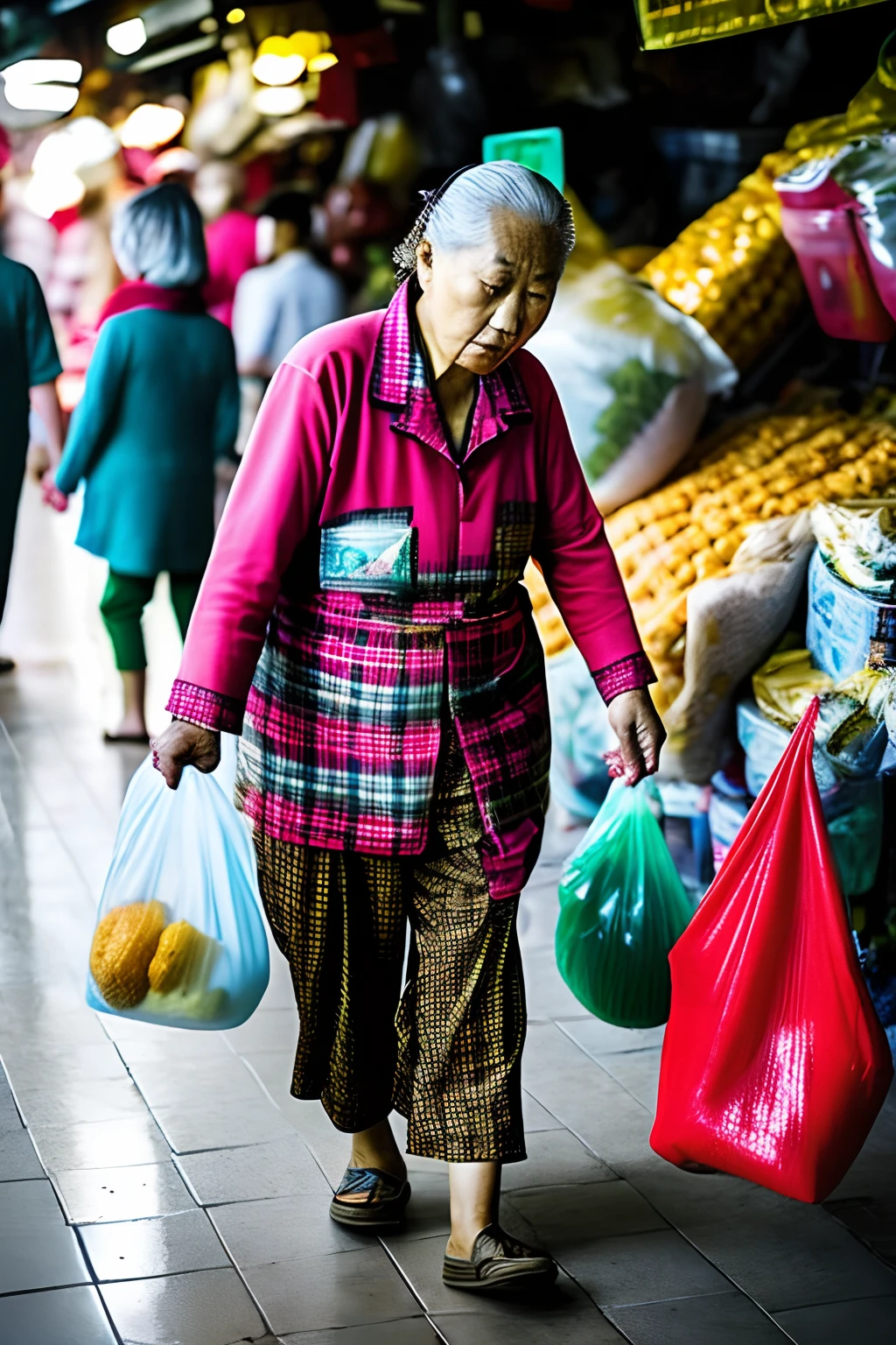 An old Chinese lady with gray hair，Wear a plaid shirt and loose pants，Holding a plastic bag in his hand，Walking through the bustling wet market。The old lady was carrying a colorful strange fish in her hand，The fish have peculiar markings on their bodies，It's curious and surprising。 The others in the market looked at the strange fish in the old lady's hand in amazement