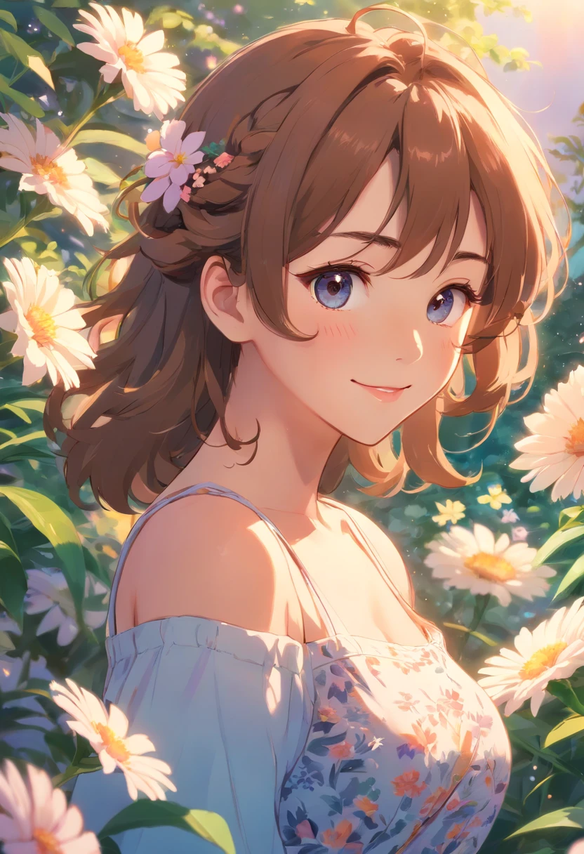 beautiful detailed eyes,beautiful detailed lips,curly hair,longeyelashes,gorgeous face,smiling,summer dress,relaxed pose,surrounded by flowers,soft lighting,romantic atmosphere,impressionistic painting style,vibrant colors,warm color tone.big boobs