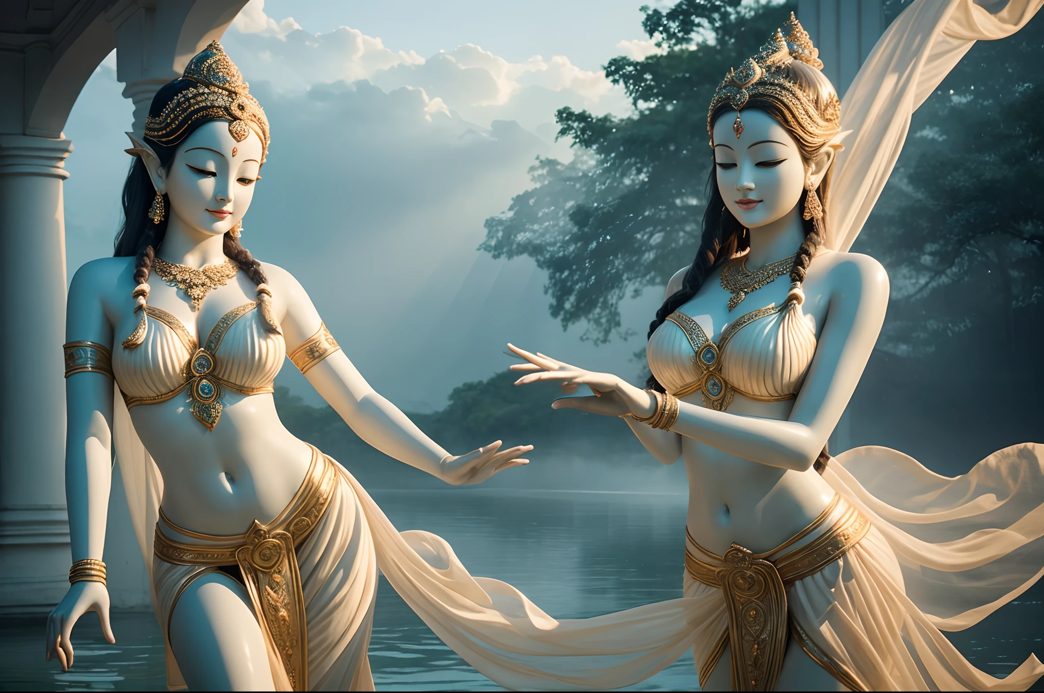 Elegantly dancing apsara sculpture, The type of feminine spirit, associated with clouds and water,Wavy Hair, gracefully performing a mesmerizing dance,Soft ambient light at dawn enhances the ethereal quality of the scene, Cast subtle shadows and highlights