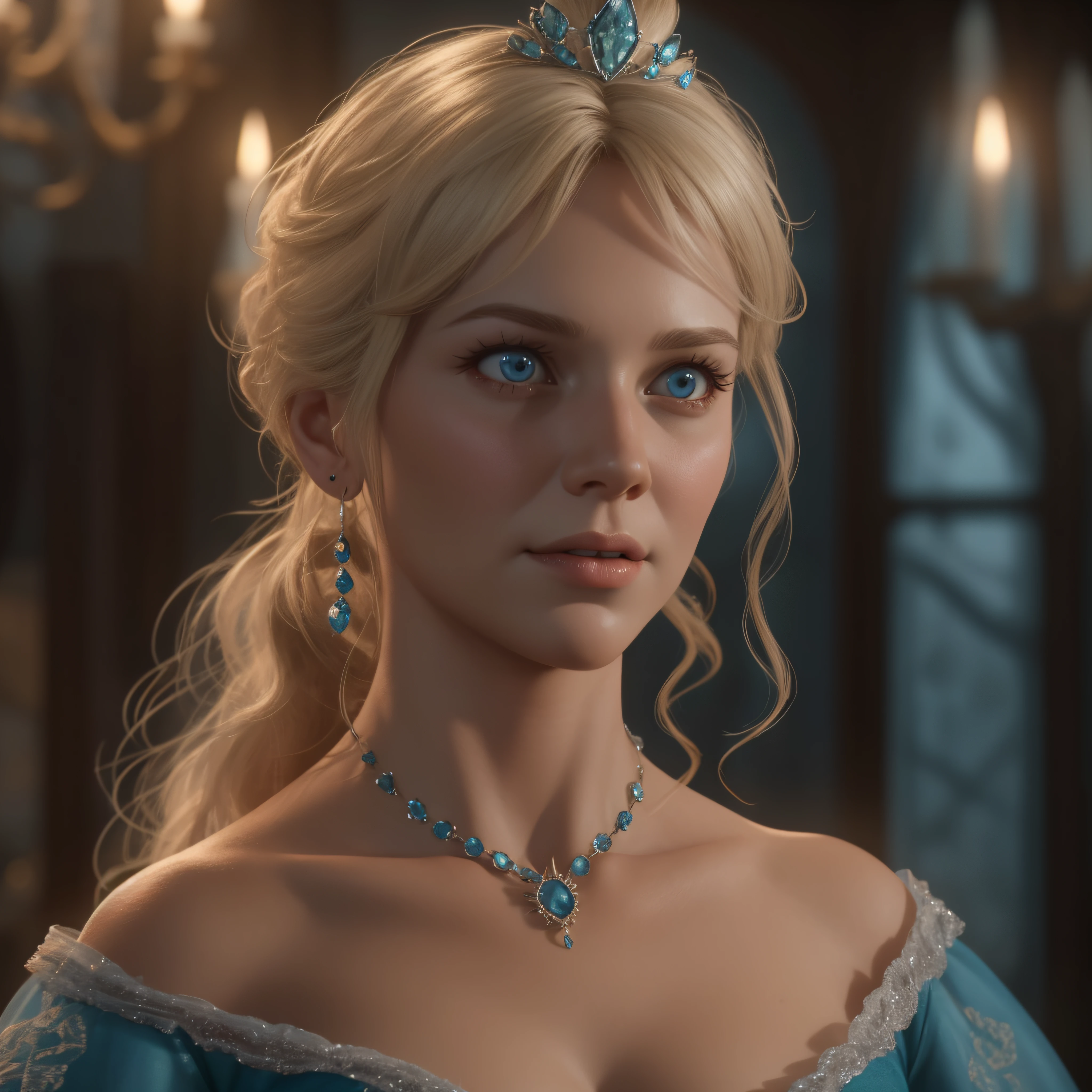 50yr old Gorgeous blonde witch-girl is turned into Cinderella against her will, photo-realistic, octane render, unreal engine, ultra-realistic