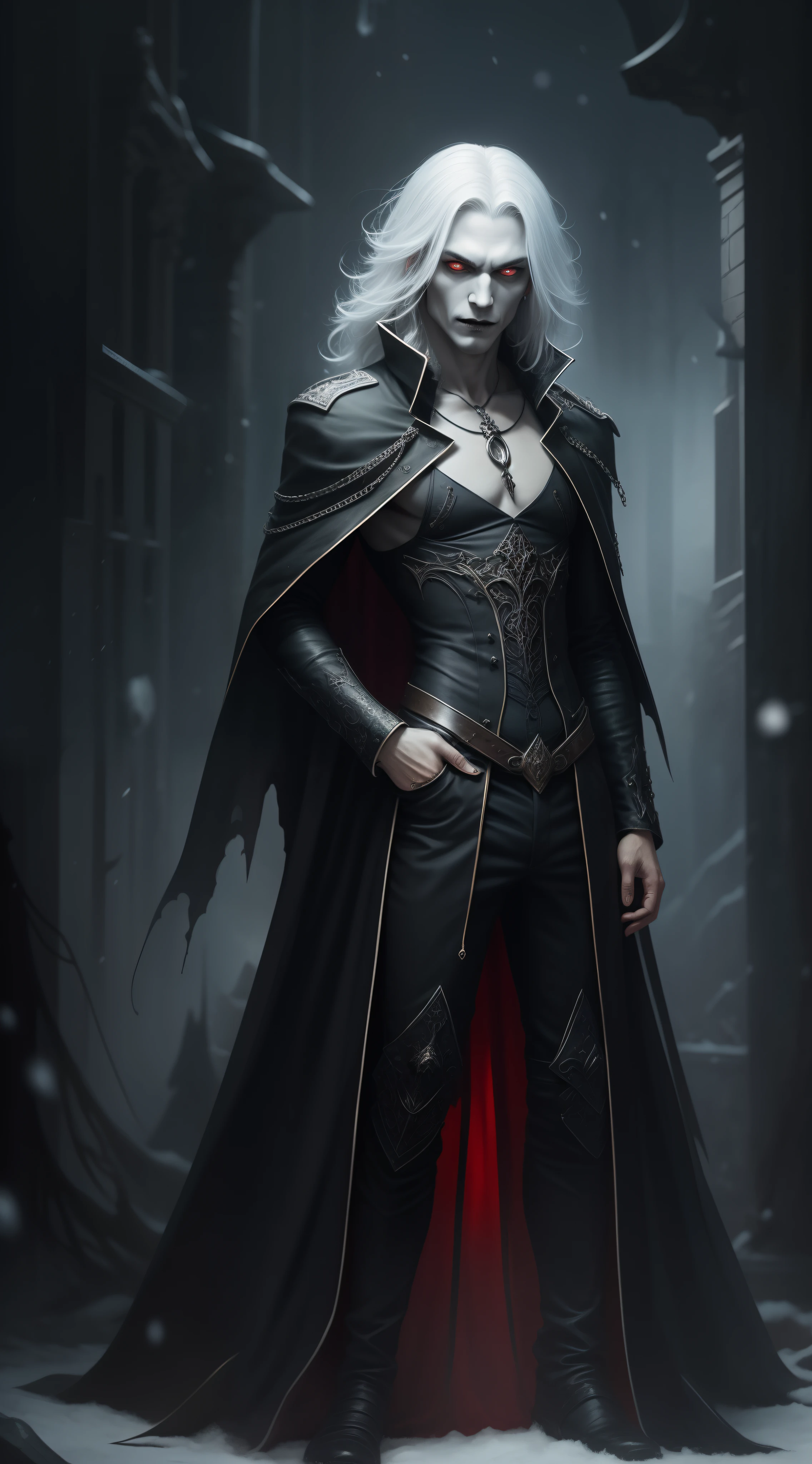 darkly, unholy,Creepy olpntng style,mistic,full body shot of,Vampires wear long black coats,Red eyes are his most striking feature,There seemed to be an evil aura hidden in his smile,His skin was as pale as snow,It shows a mysterious and majestic atmosphere。fantasy concept art, 8K分辨率, gothic deviantart masterpiece, The strokes are heavy, paint drips, darkly, Unholy, unholy, starlights, spine-chilling,