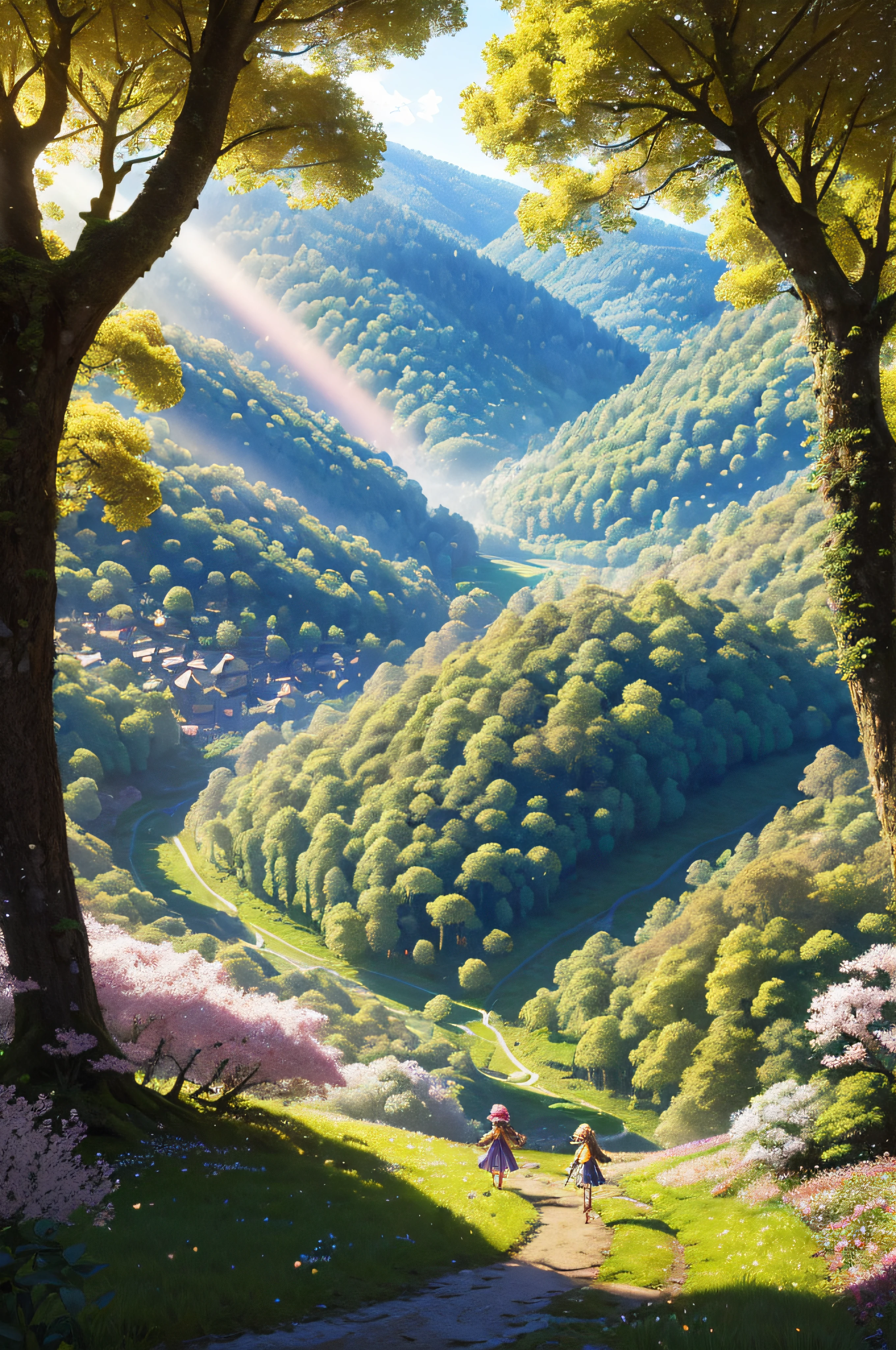 eyesight, (Three tas: 2) Stable diffusion is the best image quality, morning sunlight, Spring landscape, Dew and flowers, flying hair, Live in a fairytale dreamland with mushrooms, Trip, Running, and laughing. forest pathway