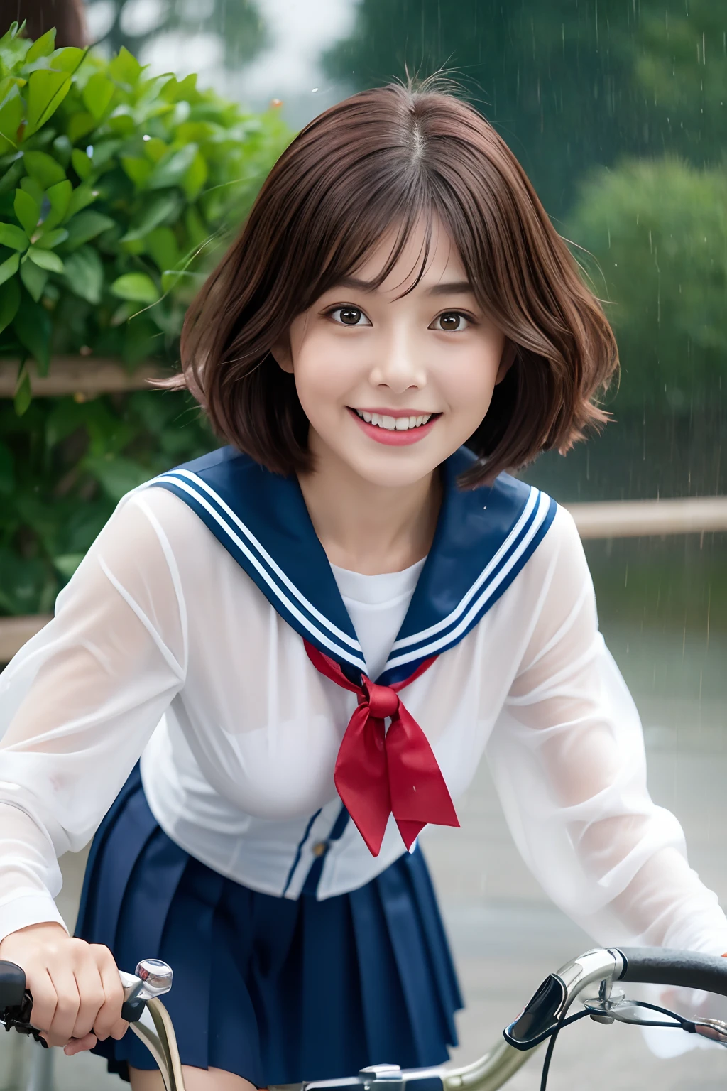 One Girl in the Rain、Blushing cheeks、((Red Bicycle))、((Riding a bike))、gazing at viewer、Heavy rain、large full breasts、A sheer sailor suit that sticks to your chest when wet、skirt by the、Girl in Japan uniform and girl in the rain 、Pedaling a bike in the rain、florals、hair pin、a necklace、piercings、Getting wet and leaning forward、from below looking up、depth of fields、pointed red mouth、short hair of reddish-brown color wet and shiny,,,,,,,,,,,,,,,,Red mouth,Black eyes、鎖骨、Beautiful fingers、Hourglass body、portrait of a full body、Loosen your tie、Wet cute smile、
