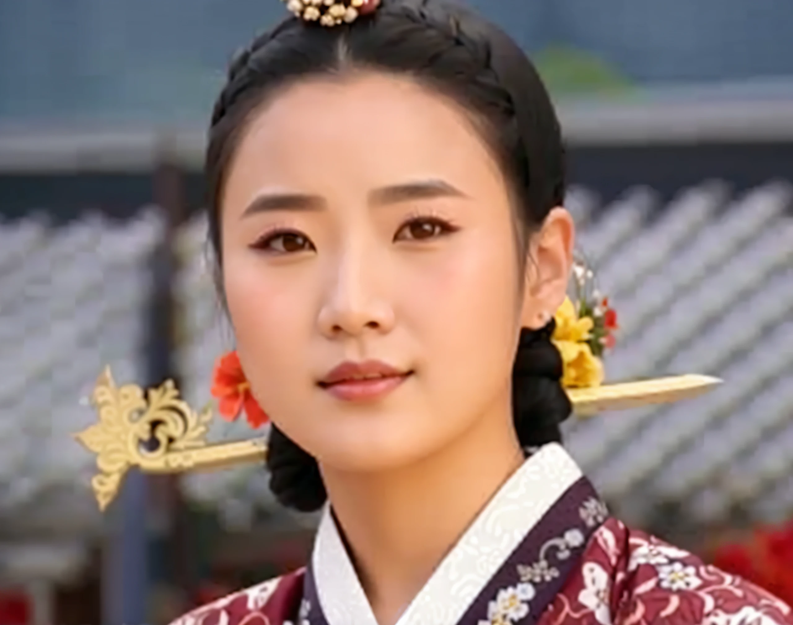 Alafed woman in kimono with floral hairpiece, ornate korean polearm behind her, inspired by Jeong Seon, inspired by Yun Du-seo, Korean Woman, iu lee ji-eun as a super villain, kwak ji young, female actress from korea, korean symmetrical face, hanbok, inspired by Sim Sa-jeong
