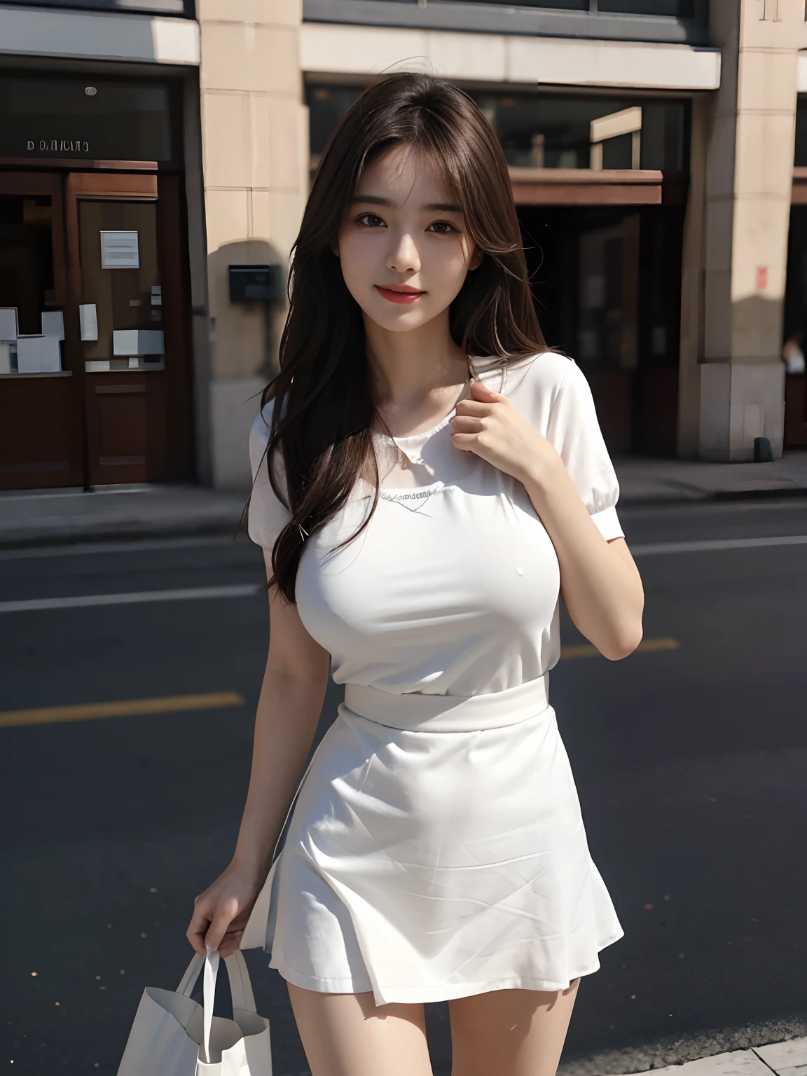 best qualtiy,tmasterpiece,超高分辨率,(真实感:1.4),RAW photogr,1girll,long whitr hair,Face Highlighting,Pure,Girly,Flushing,18yr old,18-year-old smiling female classmate,Pure,Innocent,(best qualtiy,8K,tmasterpiece:1.3),Goose egg face,largeeyes,long eyelasher,Exquisite(live-action realistic style),Star-like eyes,Ultimate face,Photorealistic light and shadow,Clear facial features,Milky white skin,Fair skin, highdetailskin, Realistic skin details, Visible Pore,(Super detail),(perfect bodies:1.1),long whitr hair,(dynamicposes),((Dynamic background((volumettic light:1.3)),black short skirt,huge tit,White color blouse,Street photography,carryng bag,Capable