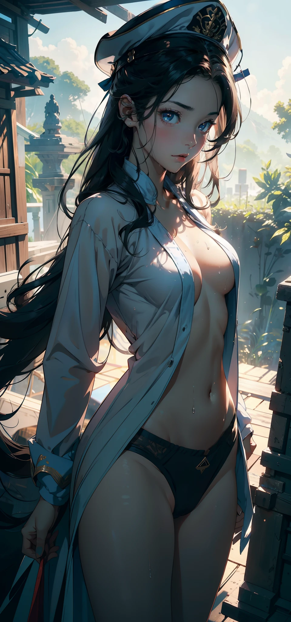 1female,1 ,Slim,Small loli,smallunderboob ,Pornographic exposure, 独奏,(Background with:ln the forest,the rainforest,in summer) She has long black hair,standing on your feet,Sweat profusely,drenched all over the body,seen from the front, hair straight, mostly cloudy sky,(((tmasterpiece),(Very detailed CG unity 8K wallpaper),best qualtiy,cinmatic lighting,detailed back ground,beatiful detailed eyes,Bright pupils,(Very fine and beautiful),(Beautiful and detailed eye description),ultra - detailed,tmasterpiece,)),facing at camera,A high resolution,ultra - detailed),revealing breasts,Bare genitalia, Bulge,legs are open,Raised sexy,Camel toes,Flushed complexion,Open-mouthed,frontage,elementag:Blue sailor uniform,Sailor's cap)