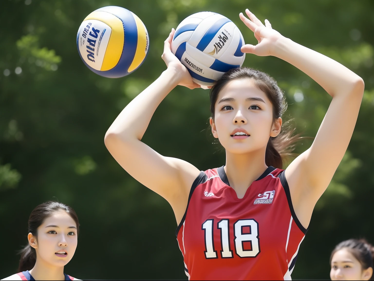 14-year-old girl, posing for a photo (wearing volley uniform: 1.3), red uniform, skillful hands, 4K, high resolution, masterpiece, top quality, head: 1.3, (((Hasselblad photo)), fine skin, sharp focus, collarbone, soft lighting, [:( detailed face: 1.2):0.2], (in the volleyball field))), outside, delicate body, small hips, thin waist, Top quality, Nasal nose, slender, thigh gap, petite figure, (thighs: 0.1), thin waist, thin lips, (shoulder width: 0.07), beautiful face, (waist: 0.07), (neck: 0.001), (greater trochanter: 0.09), (anterior iliac spine magistrate: 0.008), (torso length: 4), (on clothes: 3), (shrot arm span: 11), thin smile