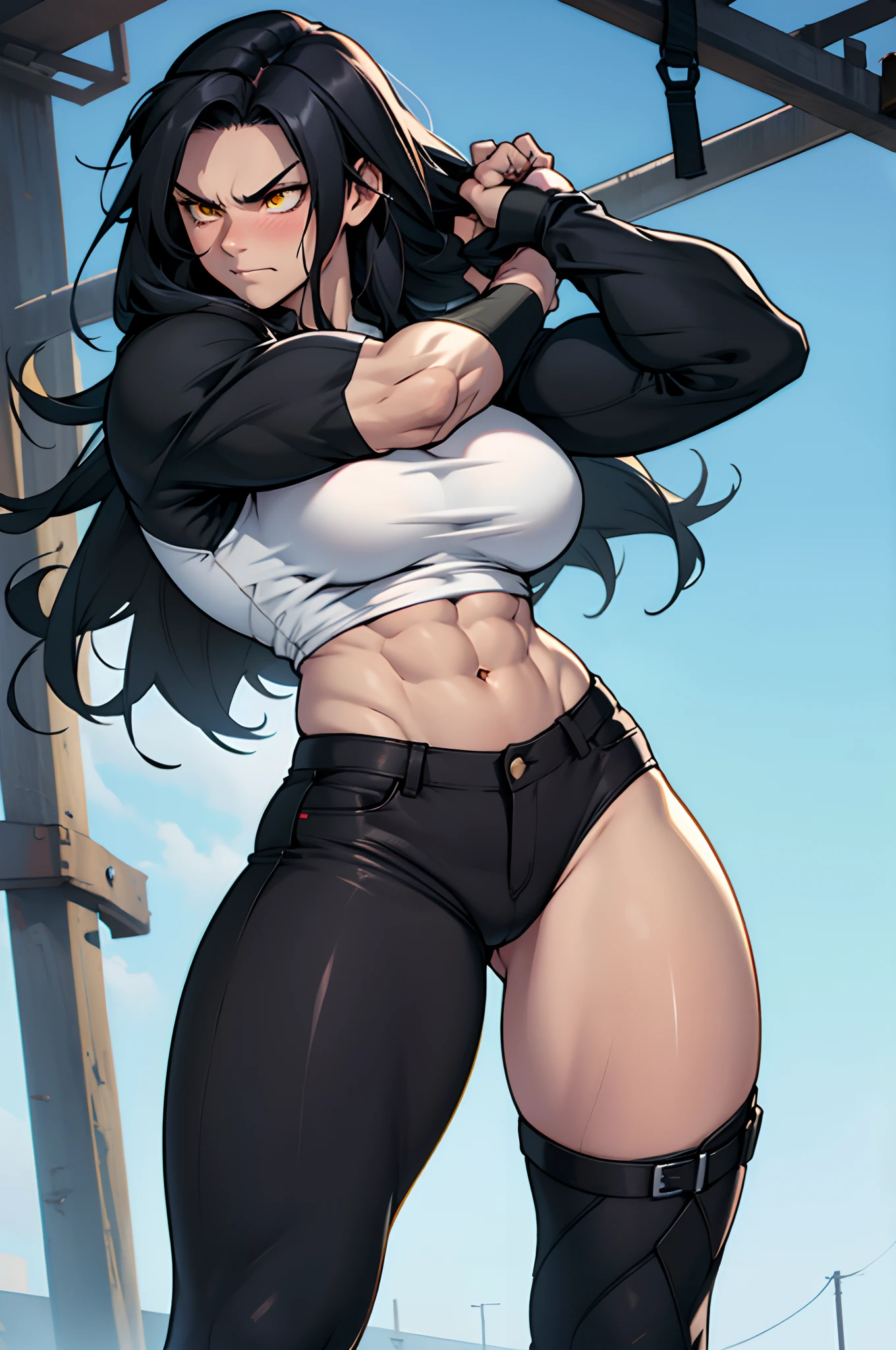 (1girl), extremely long hair, solo, ((muscular)), veins, black hair, yellow eyes, blushing, thick thighs, pale skin, strong, veins, abs, big thighs, huge breasts, navel, standing, angry, tight pants, tight shirt
