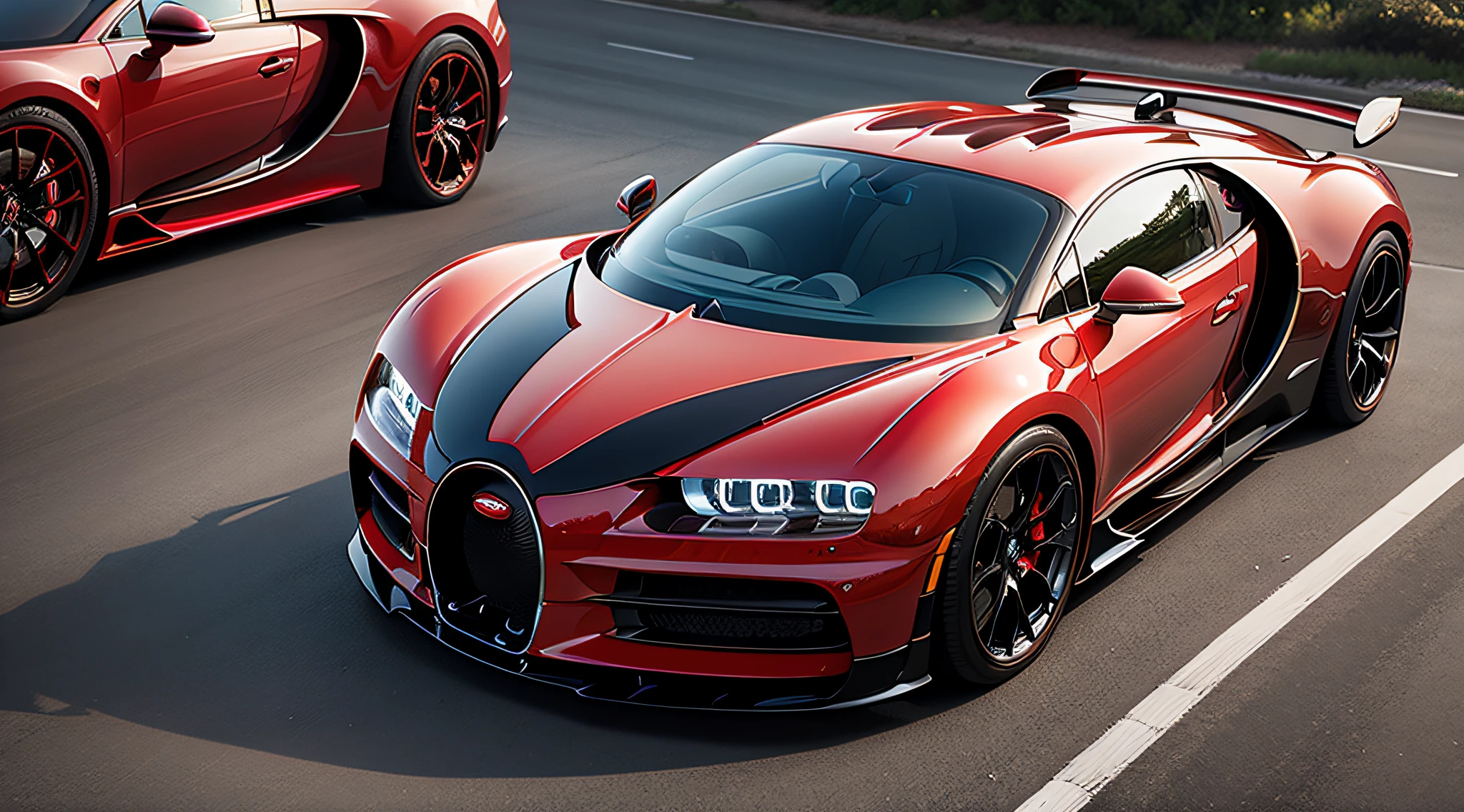 Bugatti Chiron Bugatti Veyron,red color,close-up photo,Photography,clear facial features,Photorealistic,DSLR,full body,