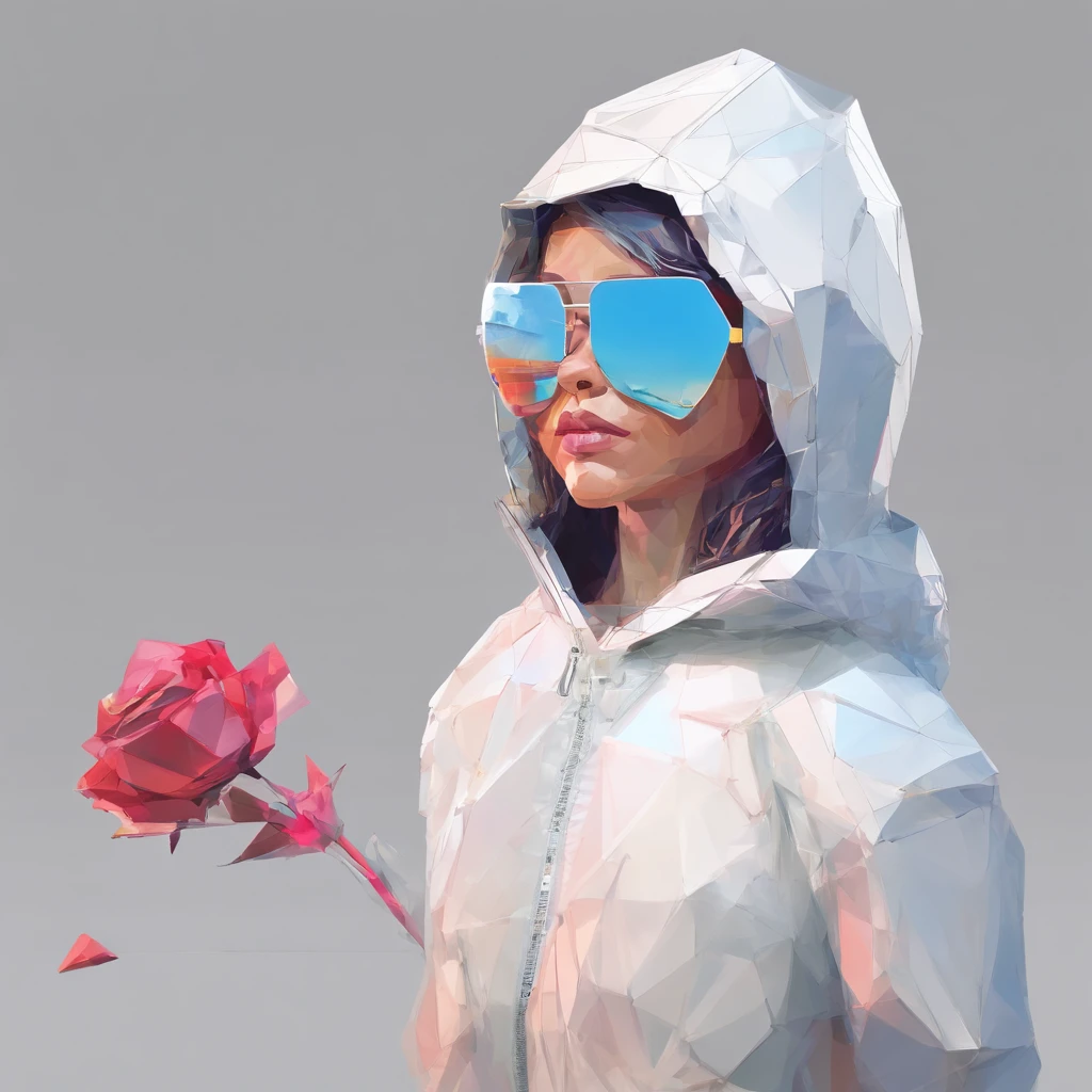 Perfect alignment, Cute little sunfish in jacket,Crystal Vase,Rose flower, Wearing sunglasses, cheerfulness, Standing position, Abstract beauty, Centered, Looking at the camera, Facing the camera, Approaching perfection, Dynamic, Highly detailed, Smooth, Sharp Focus, 8K, hight resolution, Illustration, art by carne griffiths and wadim kashin, White background