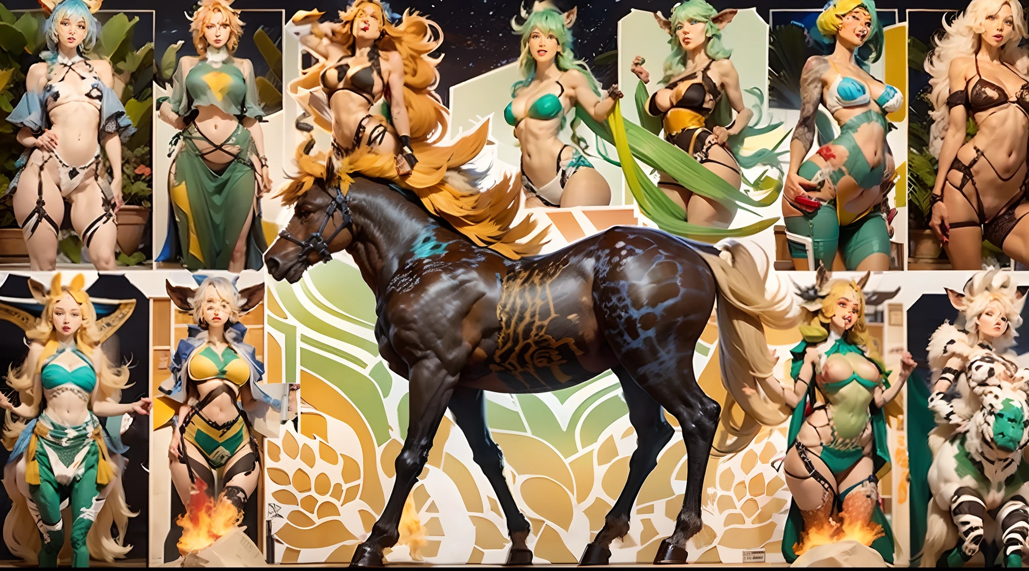 In the beautiful illustration of this super-grand scene,The ultra-distant lens shows us(Over eight separate and distinctive centaur characters:9.9),They all have their own characteristics,Vivid and interesting。Radiant from the heavens(Angelic centaurs:6.6),To nightmarish is(Centaurs surrounded by flames:6.6)、And then to the wind dancing in the air(Fairy centaurs:6.6)、And thunder and lightning surrounding(One-horned centaur:6.6),and shining metallic ones(Mechanical style centaur:6.6)、And then(A centaur with colorful dragon scales covering the whole body:6.6)The power is powerful、Elegant and agile(Elf centaur's slenderness:6.6)Gracefully wears a flower crown、Enchanting and charming(Tiflin centaurs:6.6)、Have the indescribable(Raised sexy:6.6)'s(Succubus centaurs:6.6)。Each character has their own unique charms and abilities。The illustration uses advanced artistic techniques and tools,(Use nesting、woven、stitching、ssee-through、arrange、grouping、Storyboards and other methods,Divide the scene into sections by geometric arrangement:9.9),Each section corresponds to a centaur character,This makes more efficient use of space。Through Midjourney's advanced brush tools、Color palette、Material packs and model packs、Texture tools,For each centaur, beautiful props are designed to increase racial characteristics、Clothing and physical features,(Enhances the character's personality and visual appeal:2.5),The scenery in the illustrations is stunning,There are changing skies、rainbowing、extreme light、Stars and Moon。Incorporating iconic landmarks such as Mount Everest,and fireworks、tranquil lake、Natural and urban elements of waves and neon lights,Creates a magical atmosphere,The centaurs display their unique abilities and equipment in a variety of environments,This is true even in extreme alien landscapes。(Use Midjourney's tools、Material packs、Texture tools、The color palette makes depicting details vivid and realistic:9.9),From complex hairstyles and as well as different racial traits、Body、Ap