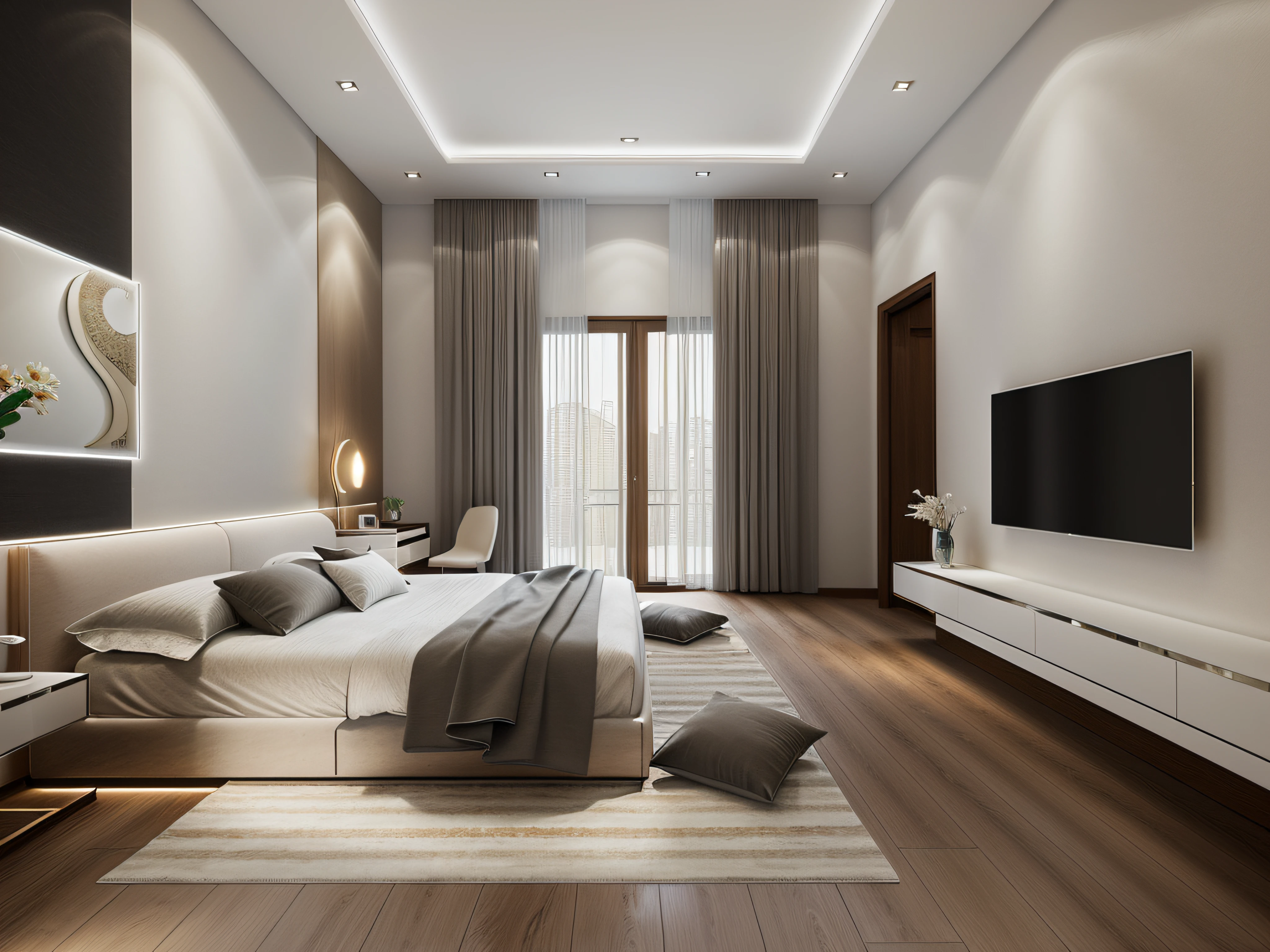 luxury master bedroom , (Bedside decoration wall)(Arched glass windows),white wall,arm chair,recessed LED lights,tab, light on tab,makeup table,((make-up mirror)), white flat plaster ceiling,((glossy mdf headboard wall)), (Sharp straight ceiling lines),(((glass windows))),curtain,(light from the window), spot light,(((glossy wooden floor))), mirror,warm atmosphere,indoor, nighlight, shimering light, cinematic lighting,ender in vray, vray render, luxury hd render,Extremely high image rendering, dark light, rugsuper photo quality,8k photo quality,((sharp interior)),(Sharp rendering images),(Award winning design), ((Modern chandelier)),(((modern wall lamp))),modern rug ,luxury space,((surreal image quality)) (accent lighting) ,recessed ceiling lights,indoor, nighlight, shimering light, cinematic lighting,Hyper-realistic photo rendering,warm light,Extremely smooth image quality,Straight plaster ceiling,((Super realistic rendering quality))