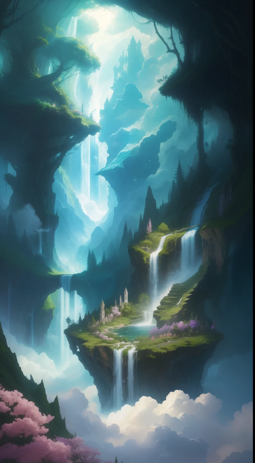 HDR,4k, 8k, Fantasyart, The Floating Garden of the Clouds: 'A garden suspended in the sky, where flowers float in the air and trees grow on fluffy clouds. The scent of flowers is intoxicating and waterfalls of clouds form rivers that meander between the gardens.".