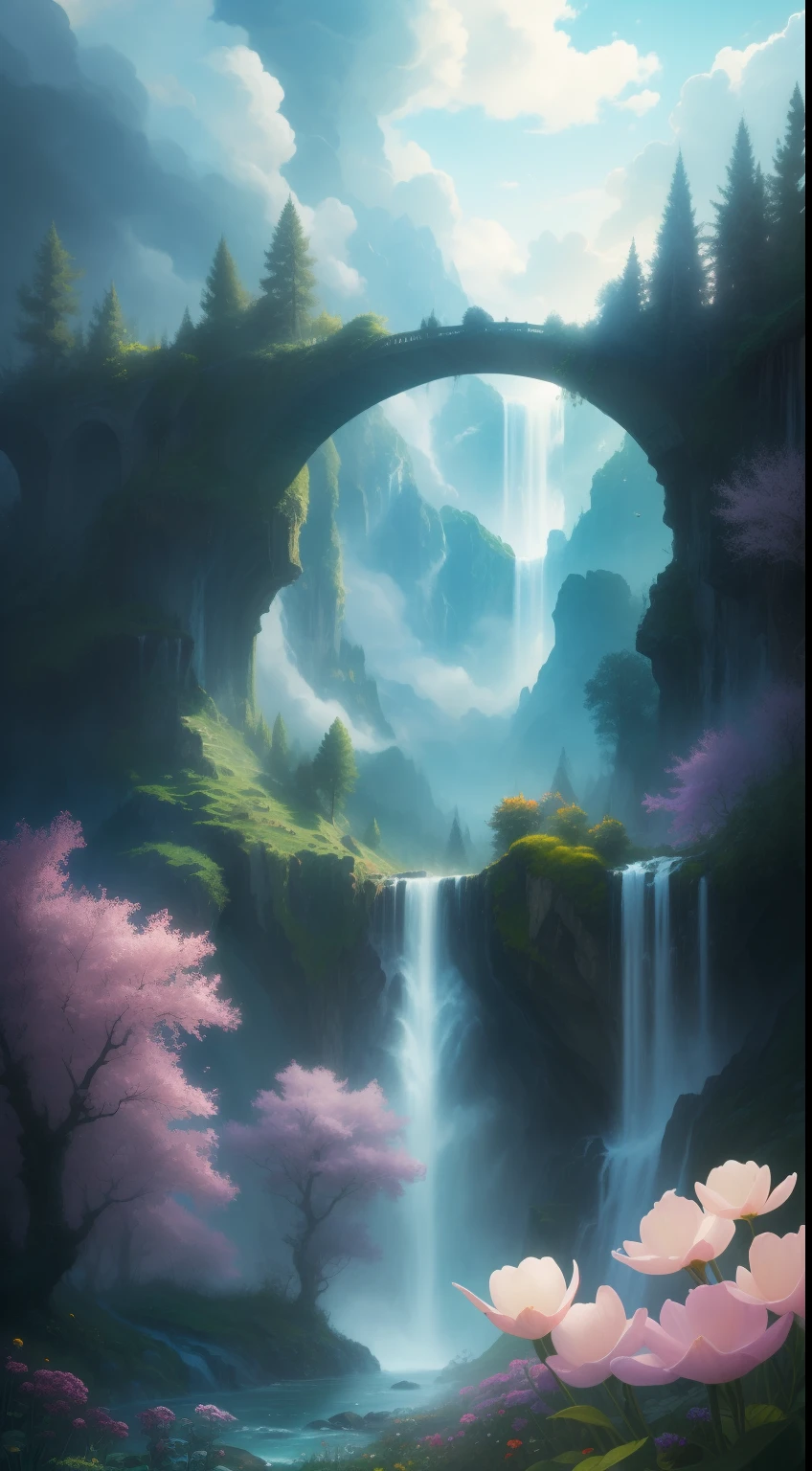 HDR,4k, 8k, Fantasyart, The Floating Garden of the Clouds: 'A garden suspended in the sky, where flowers float in the air and trees grow on fluffy clouds. The scent of flowers is intoxicating and waterfalls of clouds form rivers that meander between the gardens.".