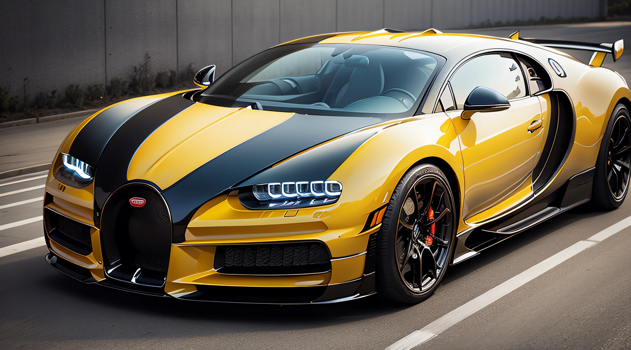 Bugatti Chiron Bugatti Veyron,yellow color,close-up photo,Photography,clear facial features,Photorealistic,DSLR,full body,