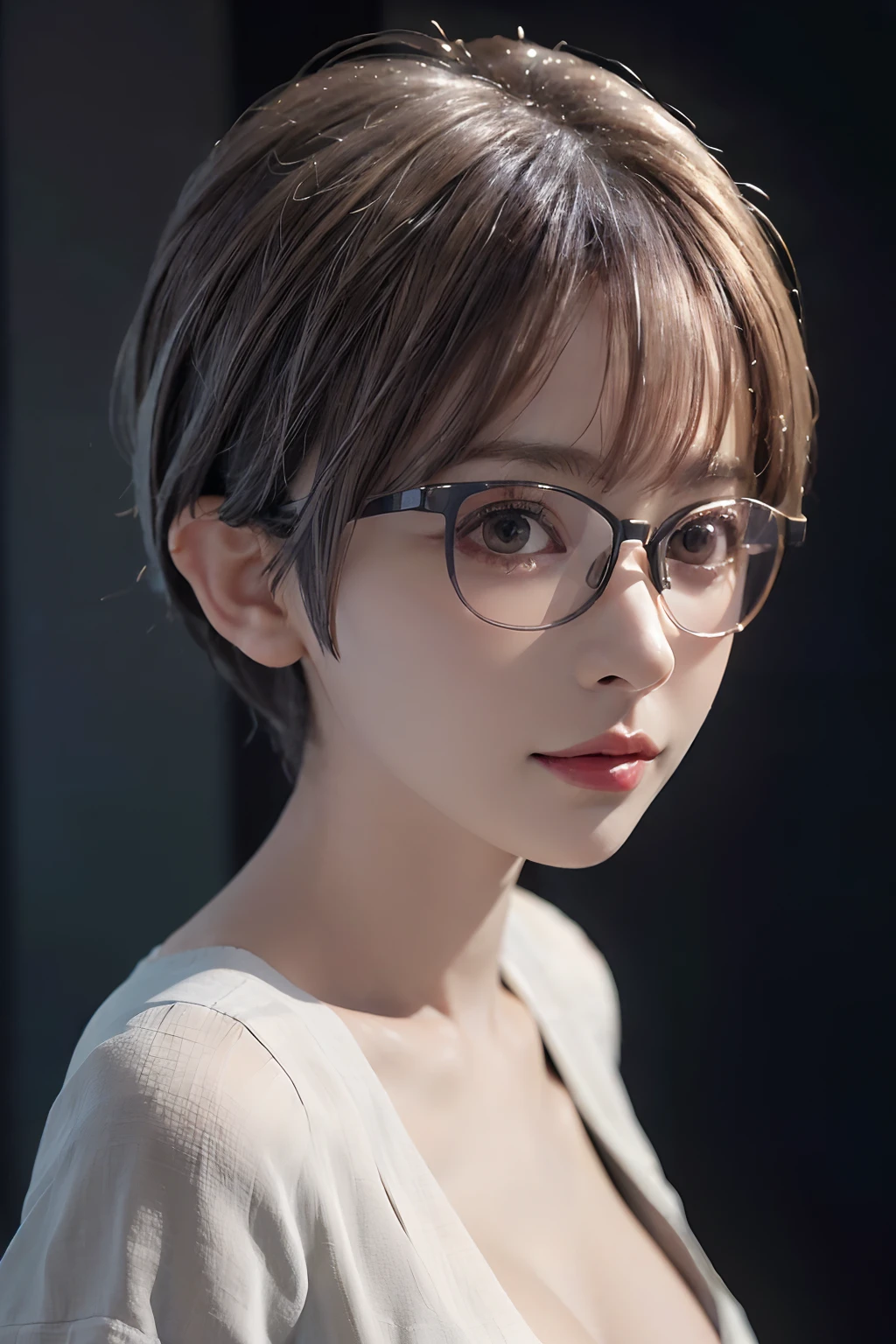 (masuter piece:1.3)、(8K、Photorealsitic、Raw photography、top-quality: 1.4)、(1girl in)、beautiful countenance、(Lifelike face)、(white hair、a pixie cut:1.3)、Beautiful hairstyle、realisticeyes、Beautiful details、(real looking skin)、Beautiful skins、(Blouse)、absurderes、enticing、超A high resolution、A hyper-realistic、high-detail、the golden ratio、Bright sunlight、Short ponytail、(Women who look good in glasses:1.4)