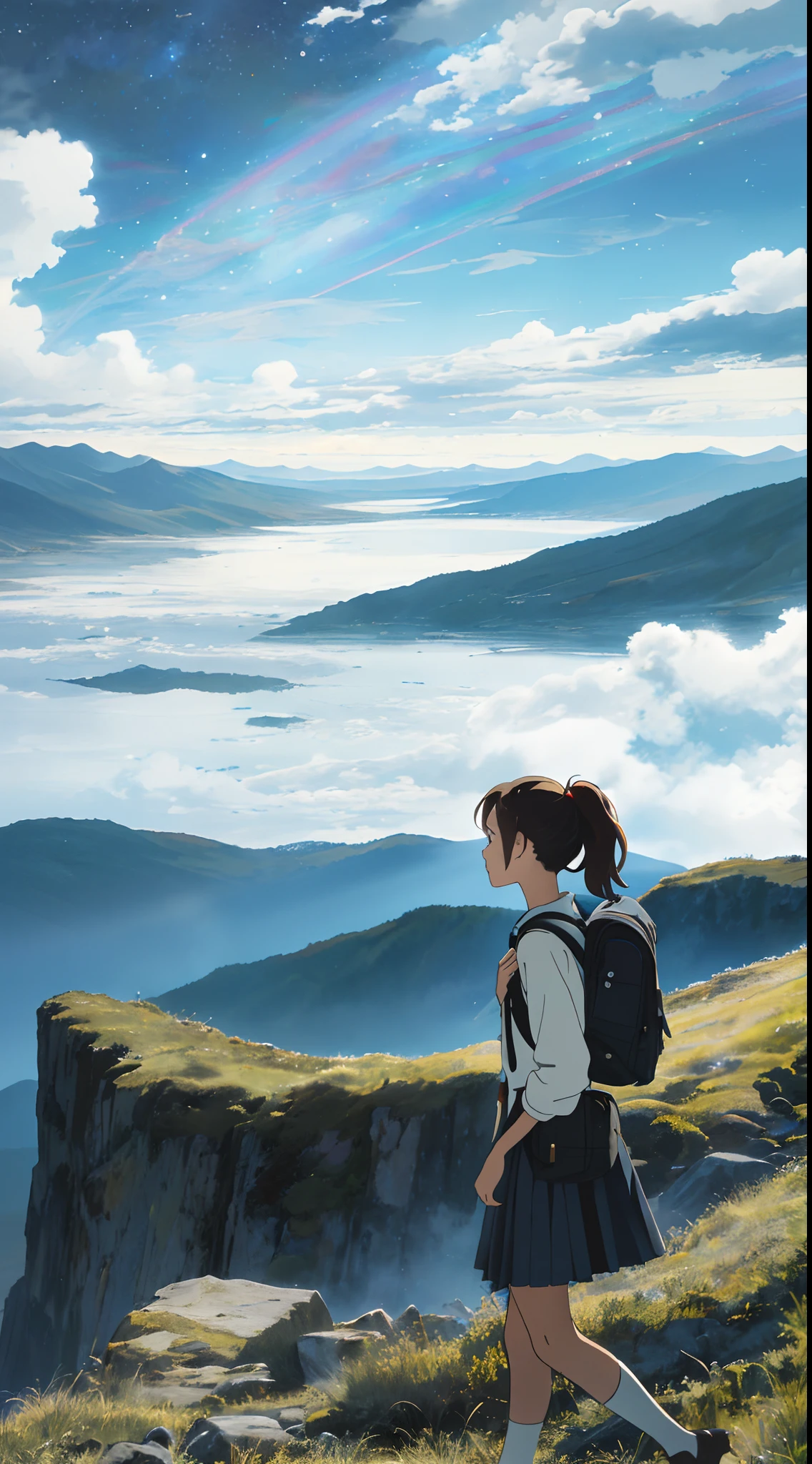 (The vast sky+beautiful skyline+large grassland: 1.2+tension+drama+moving visual effects+hanging North Star+colorful natural light), (1girl), carrying a backpack, long-sleeved top, denim shorts, (brown hair+ ponytail: 1.2), mysterious, move forward, (white gloves | hand-held items), (atmospheric long skirt | skirt), (shoulder bag: 0.9 | backpack: 1.1), white tendon socks, colorful nature, sky clouds, mountain top, Sea, starry sky: 0.8
