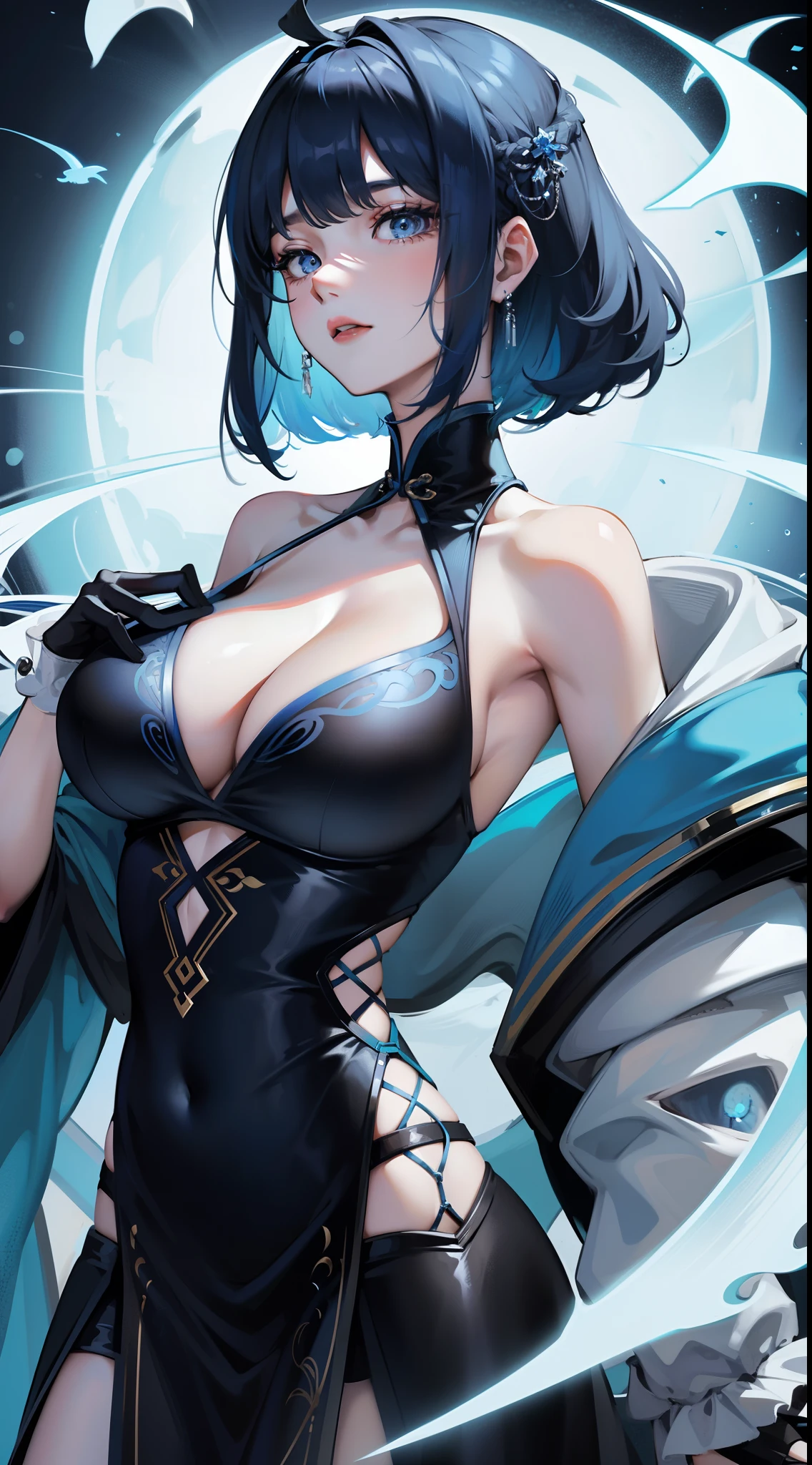 Tall girl, Short blue hair, blue eyes, Black Chinese dress, Blue inserts, open shoulders, big angel wings, Masterpiece, hiquality, high detail, HD, 4k