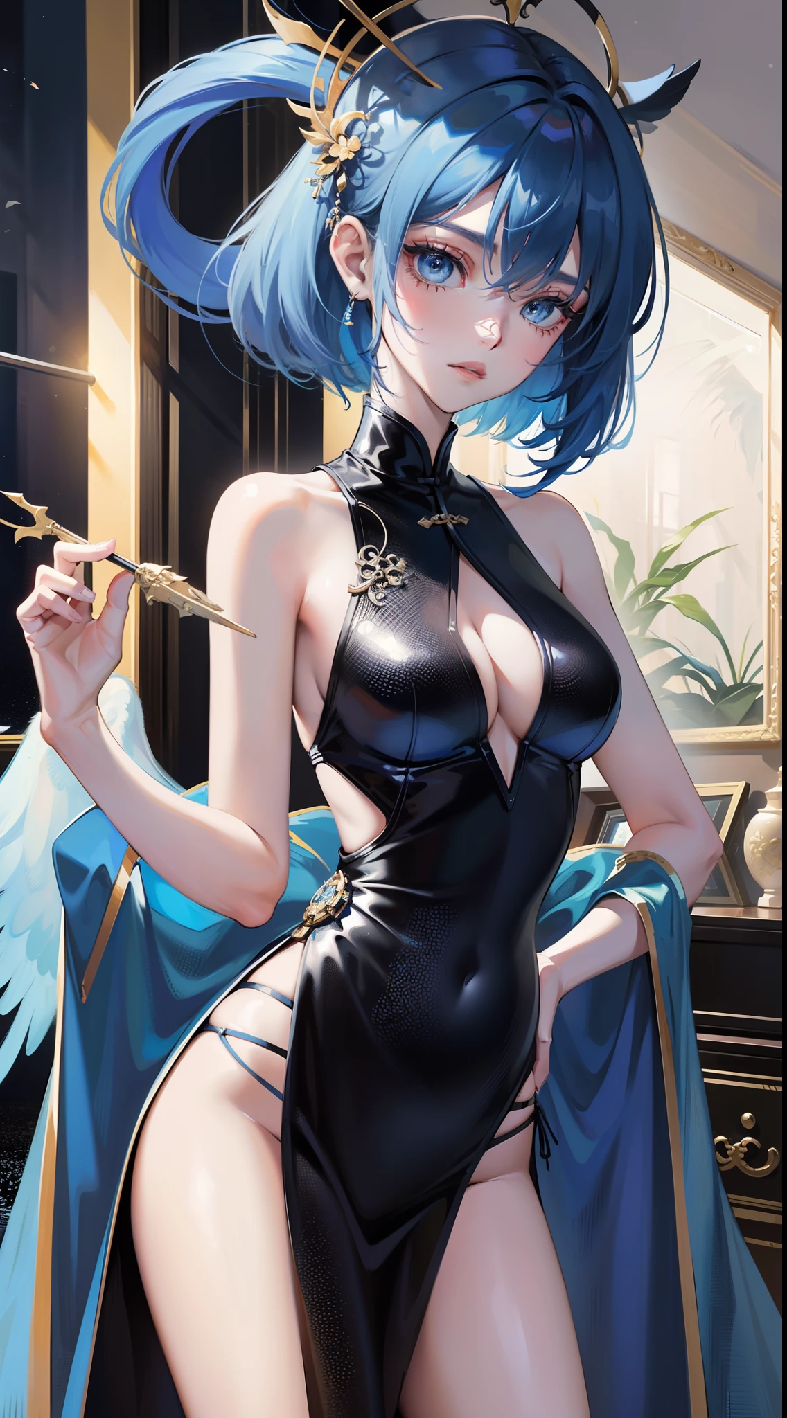 Tall girl, Short blue hair, blue eyes, Black Chinese dress, Blue inserts, open shoulders, big angel wings, Masterpiece, hiquality, high detail, HD, 4k