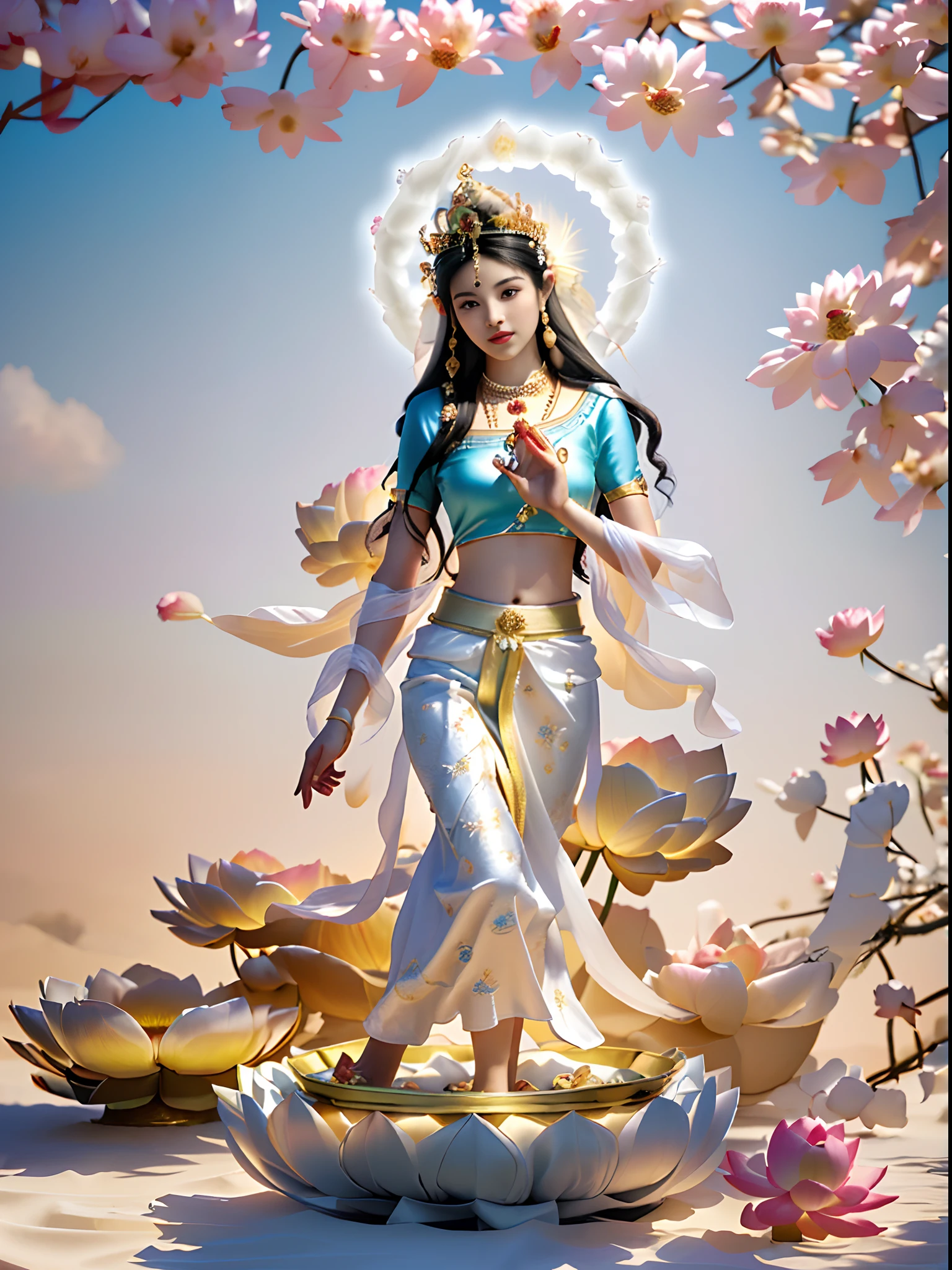 超高分辨率, ((best qualtiy,,tmasterpiece:1.3)), Focus:1.2, Best image quality, Solo,(((Worry-free under the tree))),The Ancient Indian Tree of Carefree,The background is clean,(((Cloud of cotton texture))),A beautiful 13 year old girl standing on a lotus,(((The barefoot))),(((Stand on a lotus with both feet))),Look ahead,(((Girl head background is round light))),(((Head back sun))),(((solid color backdrop))),(((The girl holds a large flower in her hand))),highly-detailed face,(Authentic texture), A detailed eye,long eyelasher,White skin,Moisturized lips, Jewel-like pupils, Be red in the face, Peerless beauty,Wear a crown on your head,There is a Buddha statue in the crown,Girls wear expensive satin clothes,The clothes are shiny and new,perfect bodies,Perfect proportions,Tall figure,feminine limbs,Soft waist,(((Silk top))), (((Bare waist))),Small man's waist,(((Flowing skirt))),The skirt is flowing,Games for girls,Wear a variety of jewelry,The sheen,White ribbons flutter,Black hair, Thick hair,Long hair with a shawl, Black hair, Intense and beautiful makeup, Exquisite and perfect facial features,,goddess of love and peace, indian goddess of wealth, Heavenly Bodhisattva, goddess art, goddess of wisdom, an ancient Chinese goddess,Delicate skin,exquisite detailing,Right hand and right foot, macro shot, Beautiful details, (Photorealistic:1.4), (Masterpiece), (Best quality:1.2),Light and shadow tracking,in a panoramic view, Real-world environment, Photography, tmasterpiece
