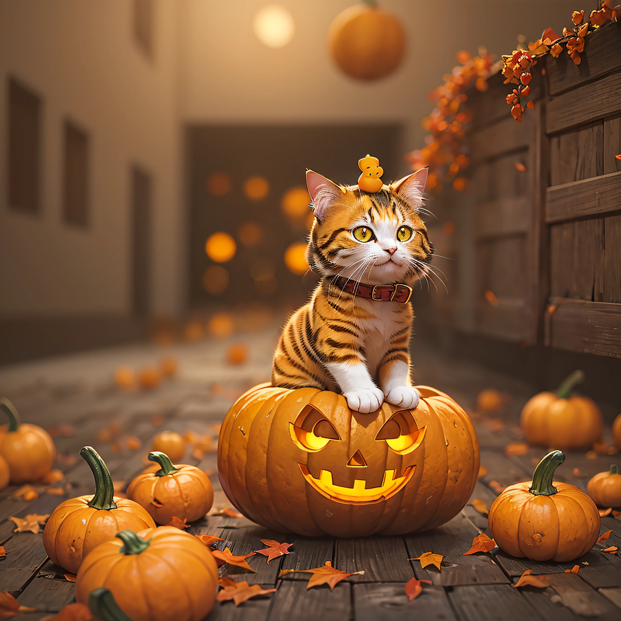 Cute cat, cute, Wearing a yellow pumpkin lantern costume