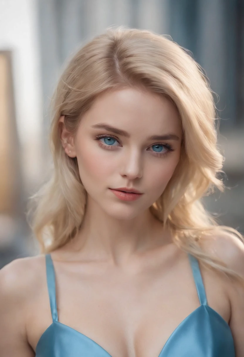 woman, Realistic character，coiffed blonde hair, Sky blue silk dress，Show the chest，Blue eyes, anime big breast, Alone, modern, cyber punk perssonage，fully body photo