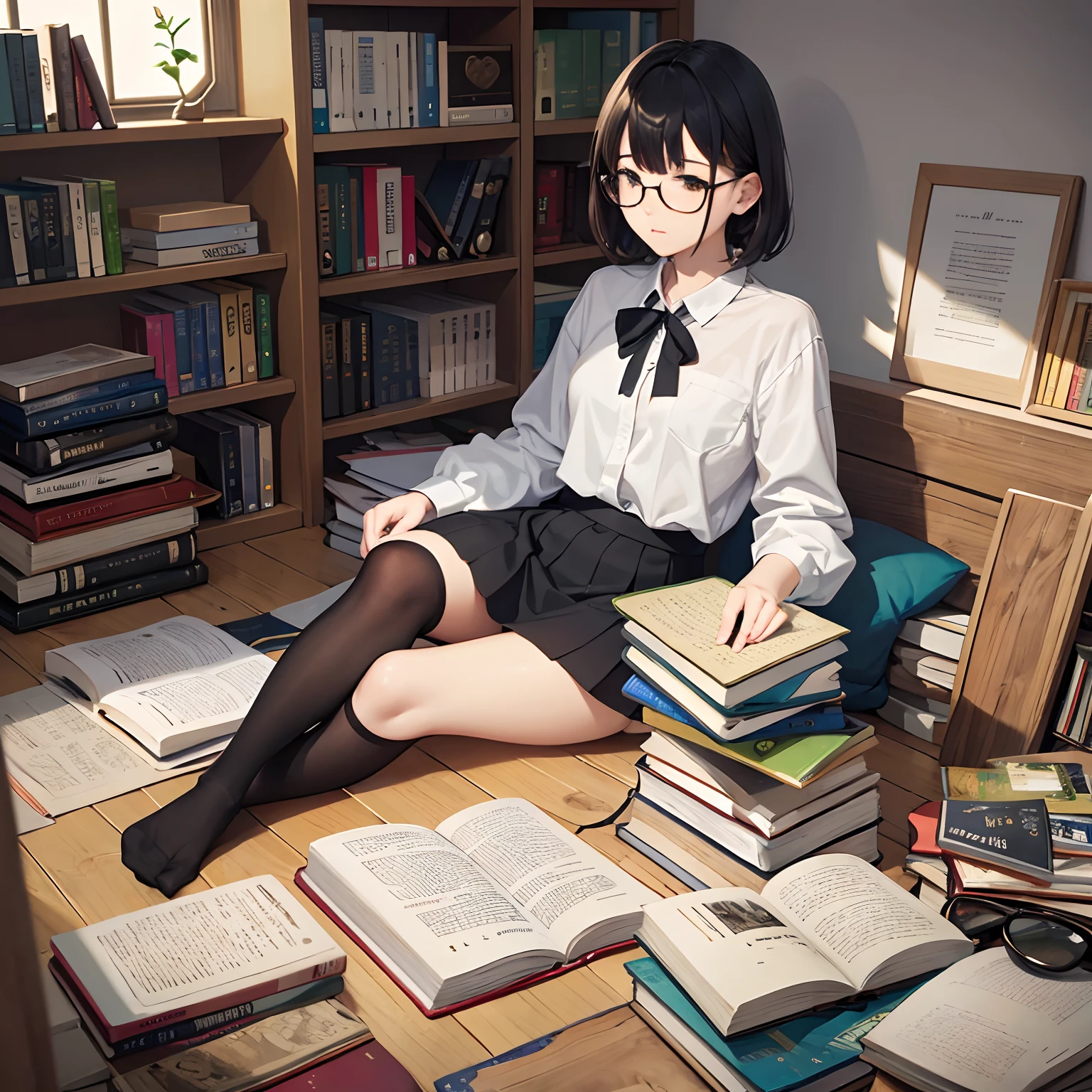 masterpiece、top-quality、High-quality images、hight resolution、8K、1lady、detaileds、Detailed eye depiction、skin gloss、Lustrous hair、Black short-haired、Sleeping habits、dishevled hair、Round glasses、Narrow old room、many bookshelves、Books piled on the floor、Pile of used books、sitting down on the floor、A book in one hand、Black Socks、grey miniskirt