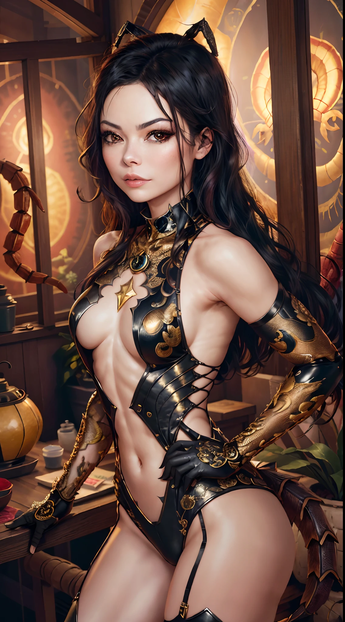 extremely detailed 8k wallpaper, intricate, richly detailed, dramatic, ((Miranda Cosgrove)), anthropomorphic scorpio woman, wears bodysuit, ((scorpion tail behind back)), wields knives, assassin, makeup, fit, seductive, sexy, hot, sultry, shapely, ready for combat, sinister face, graphics insanely, light is reflected in the ornaments, whole person with some distance from the surroundings