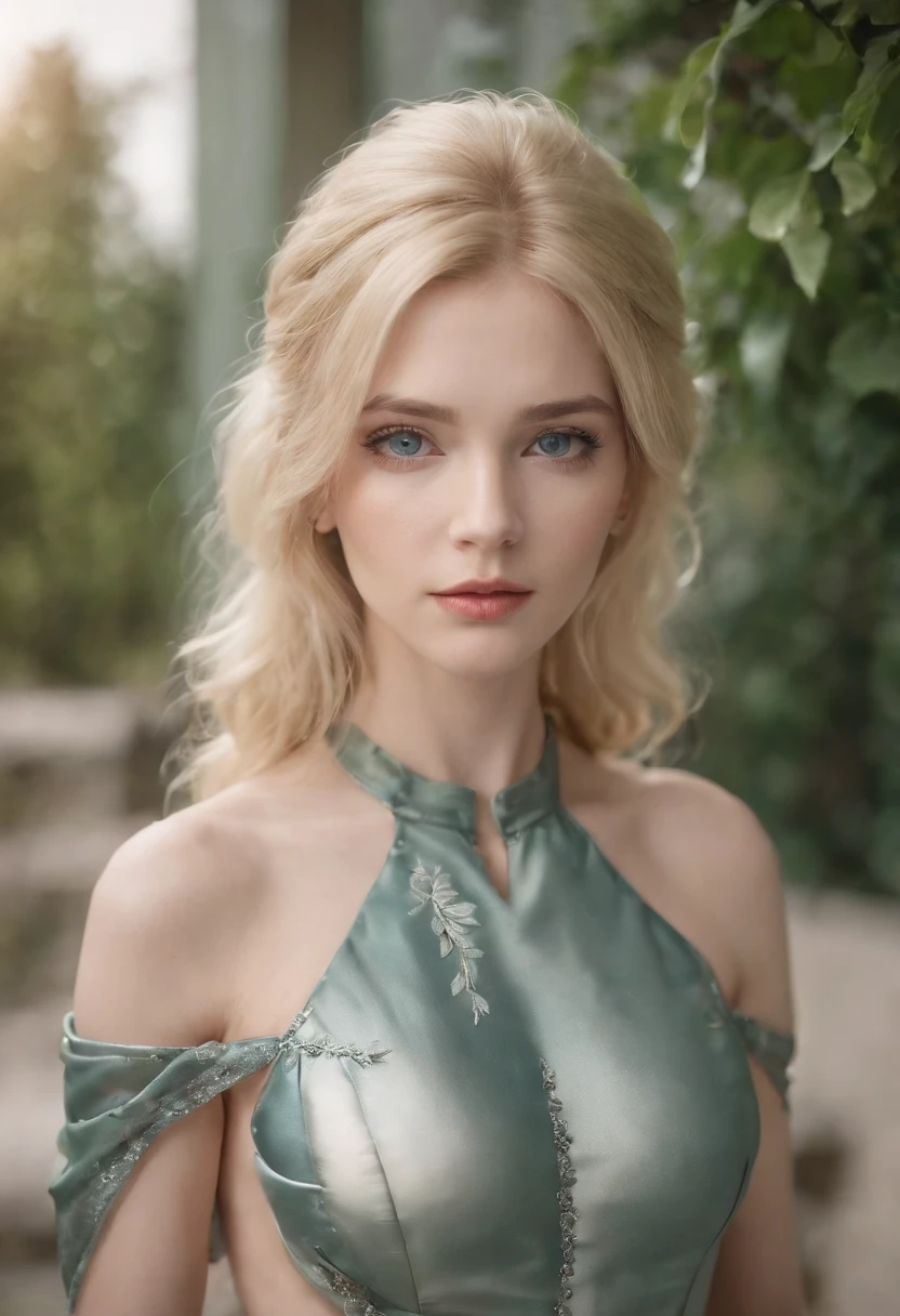 woman, Realistic character，coiffed blonde hair, Willow leaf silk dress，Show the chest，Blue eyes, anime big breast, Alone, modern, cyber punk perssonage，fully body photo